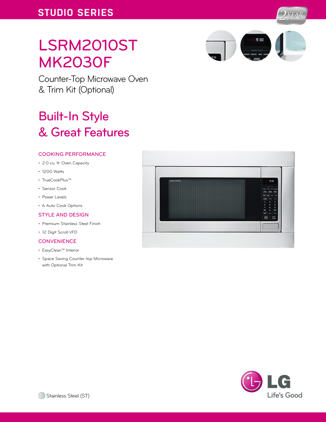LG Electronics manual LSRM2010ST MK2030F, Cooking Performance, Style And Design, Convenience, Stainless Steel ST 