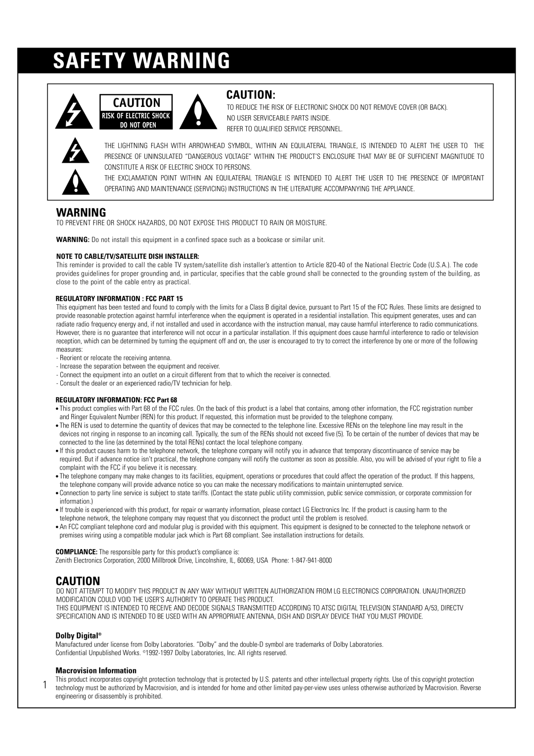 LG Electronics LSS-3200A owner manual Safety Warning, Risk of Electric Shock Do not Open 