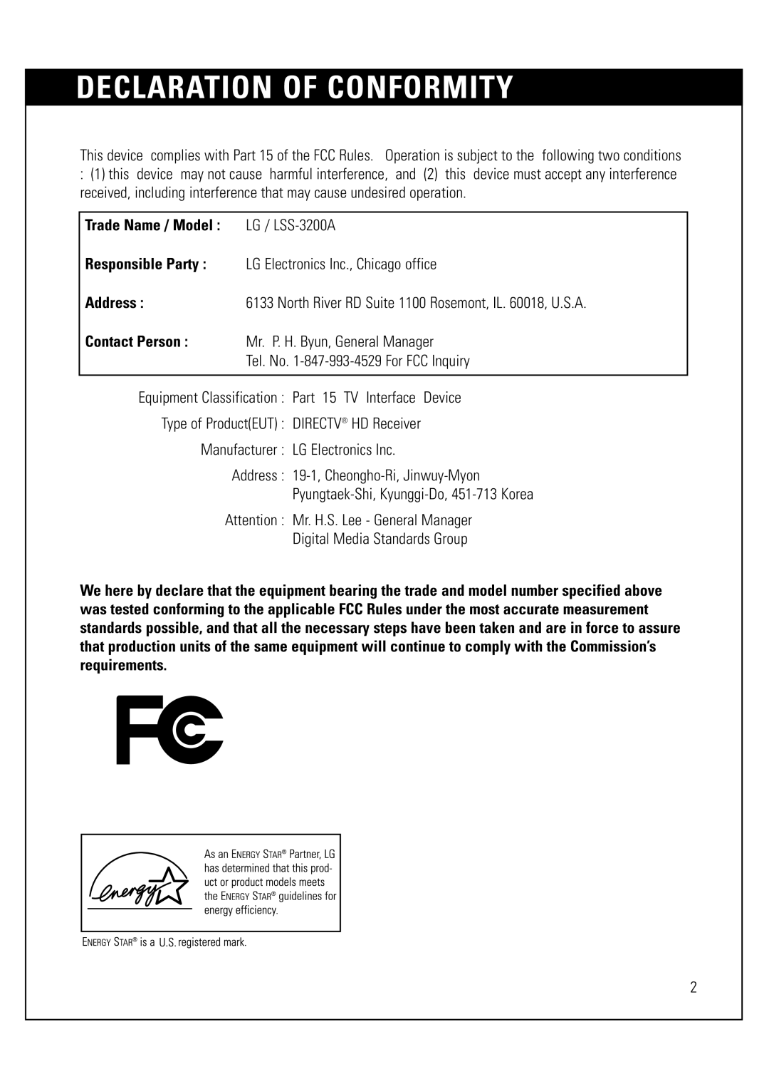 LG Electronics LSS-3200A owner manual Declaration of Conformity, Contact Person 