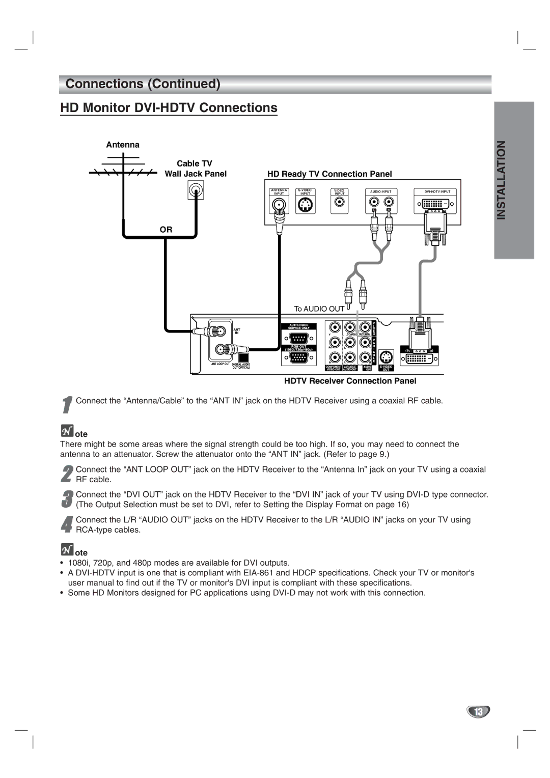 LG Electronics LST-3100A owner manual Connections HD Monitor DVI-HDTV Connections 