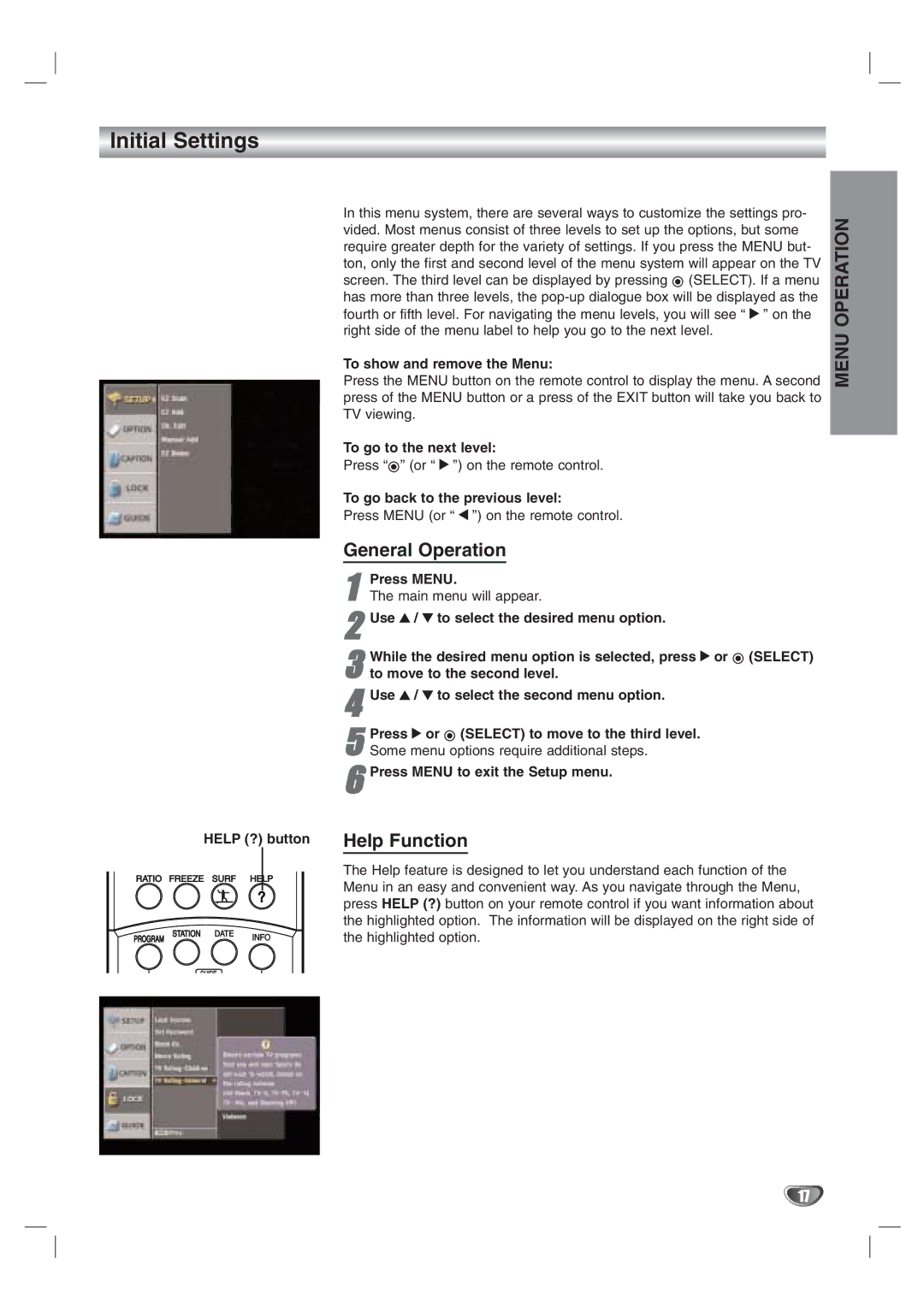 LG Electronics LST-3100A owner manual Initial Settings, General Operation, Help Function, Select 