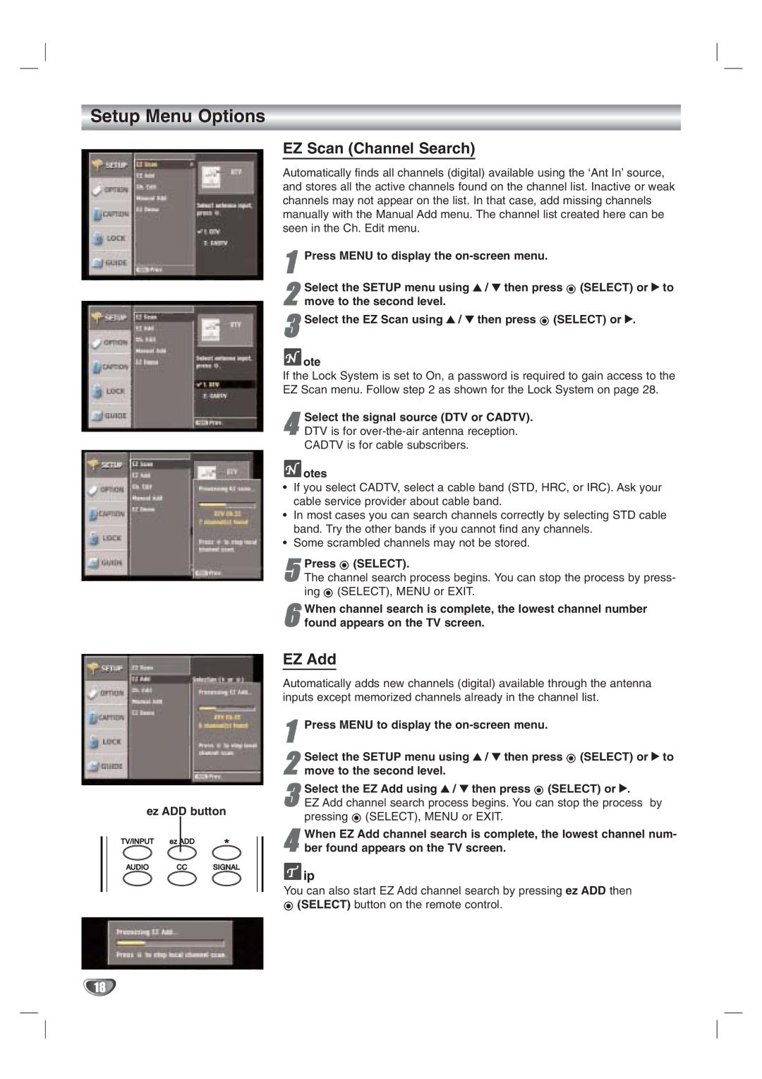 LG Electronics LST-3100A owner manual Setup Menu Options, EZ Scan Channel Search, EZ Add 