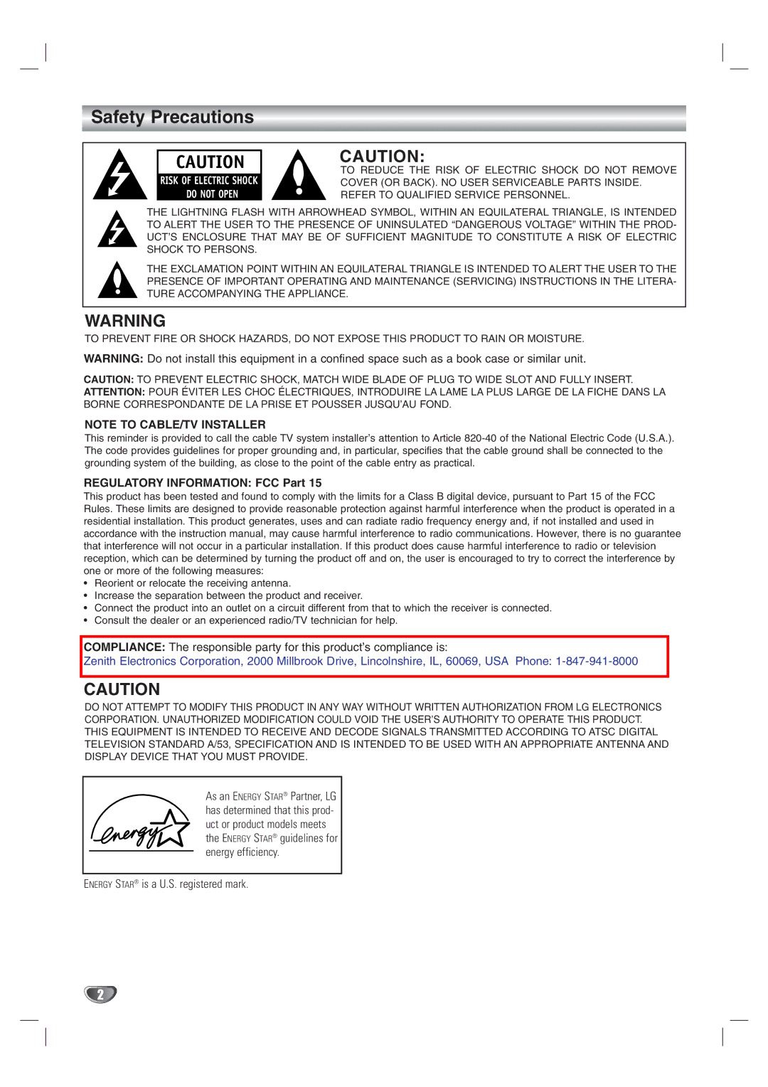 LG Electronics LST-3100A owner manual Safety Precautions, Regulatory Information FCC Part 