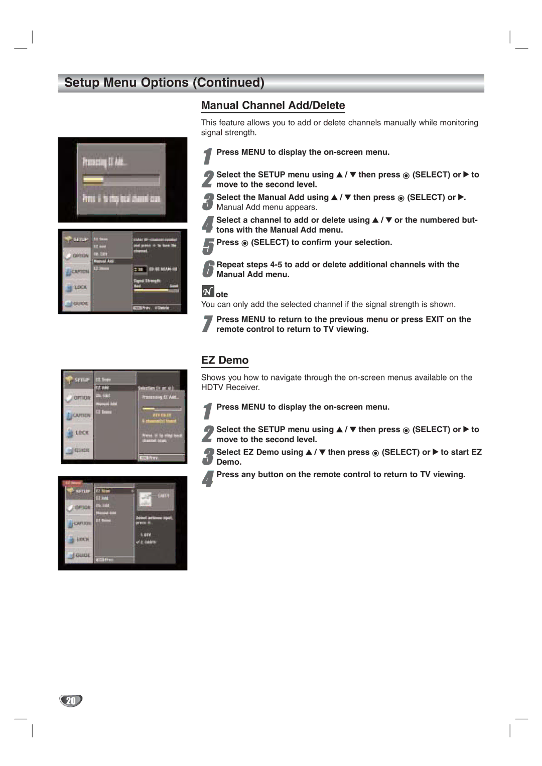 LG Electronics LST-3100A owner manual Manual Channel Add/Delete, EZ Demo 