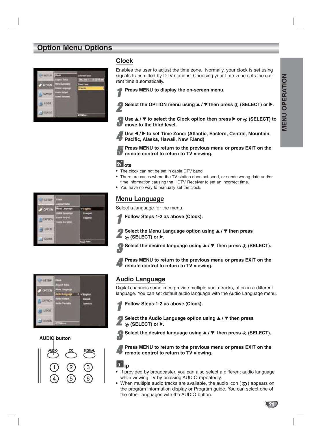 LG Electronics LST-3100A owner manual Option Menu Options, Clock, Menu Language, Audio Language, Audio button 