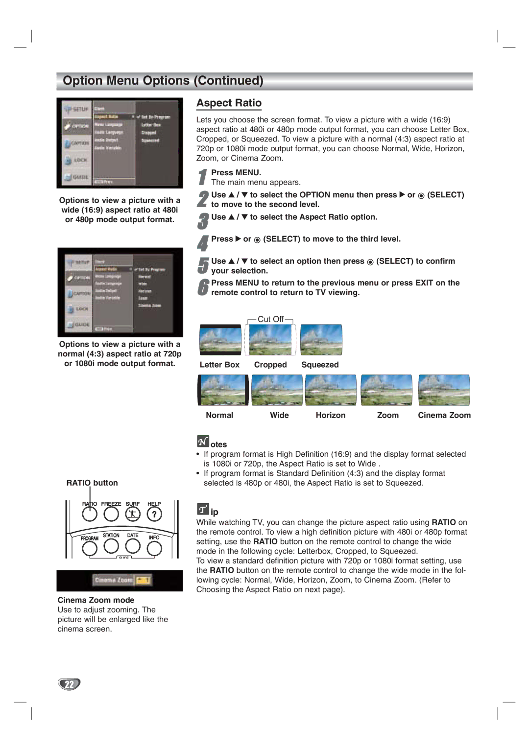 LG Electronics LST-3100A owner manual Aspect Ratio, Press Menu, Cinema Zoom mode 