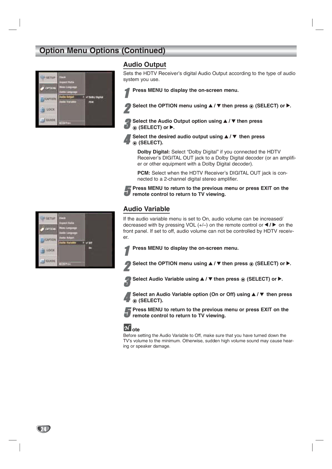 LG Electronics LST-3100A owner manual Audio Output, Audio Variable 