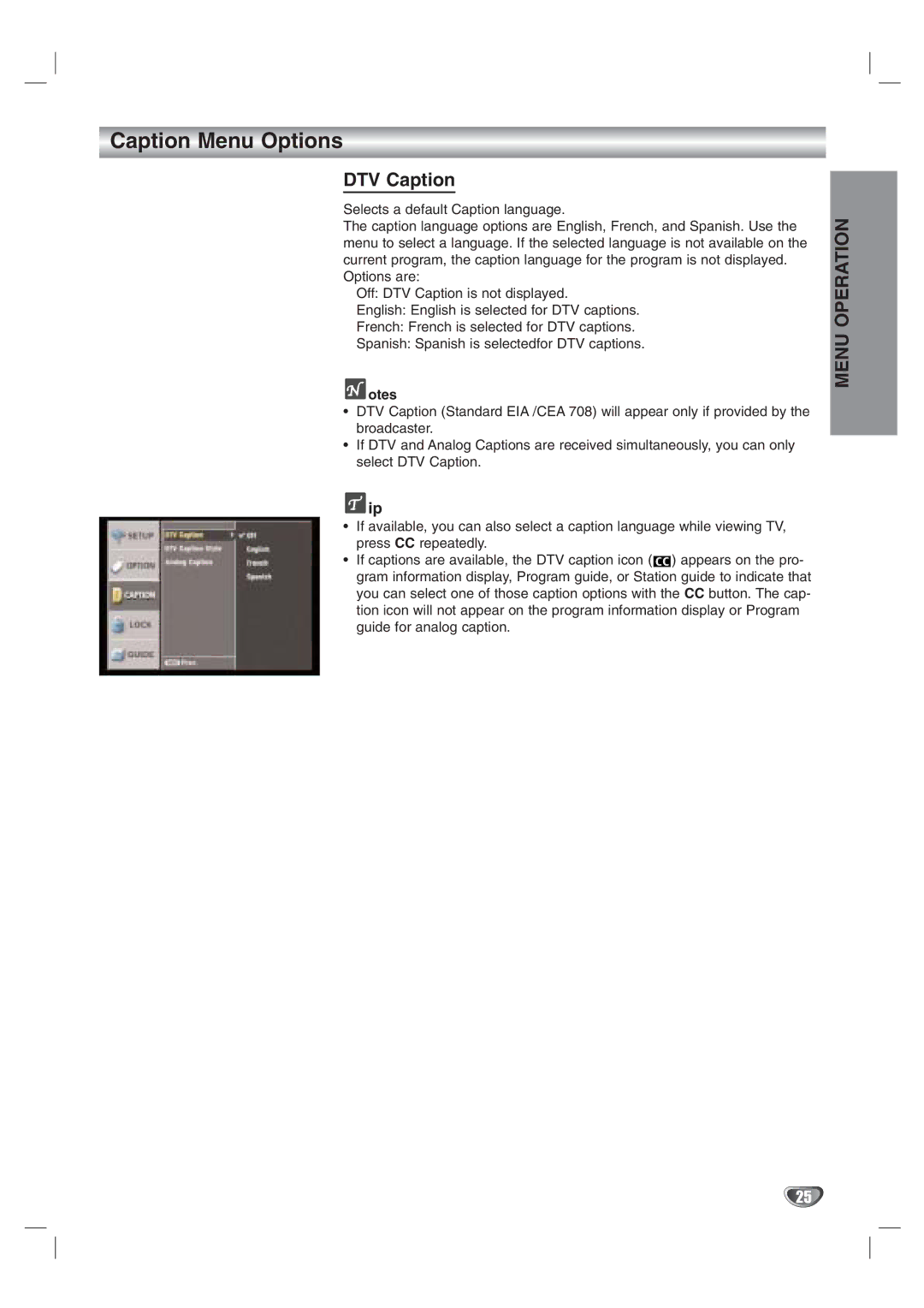 LG Electronics LST-3100A owner manual Caption Menu Options, DTV Caption 