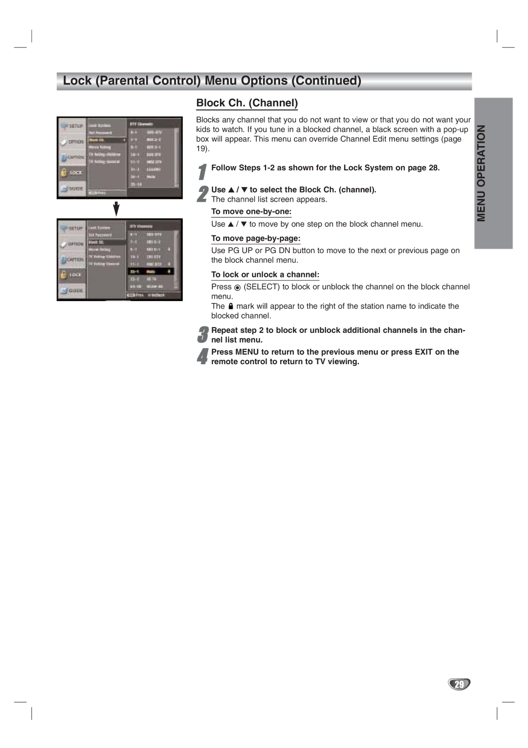 LG Electronics LST-3100A Block Ch. Channel, Follow Steps 1-2 as shown for the Lock System on, To move one-by-one 