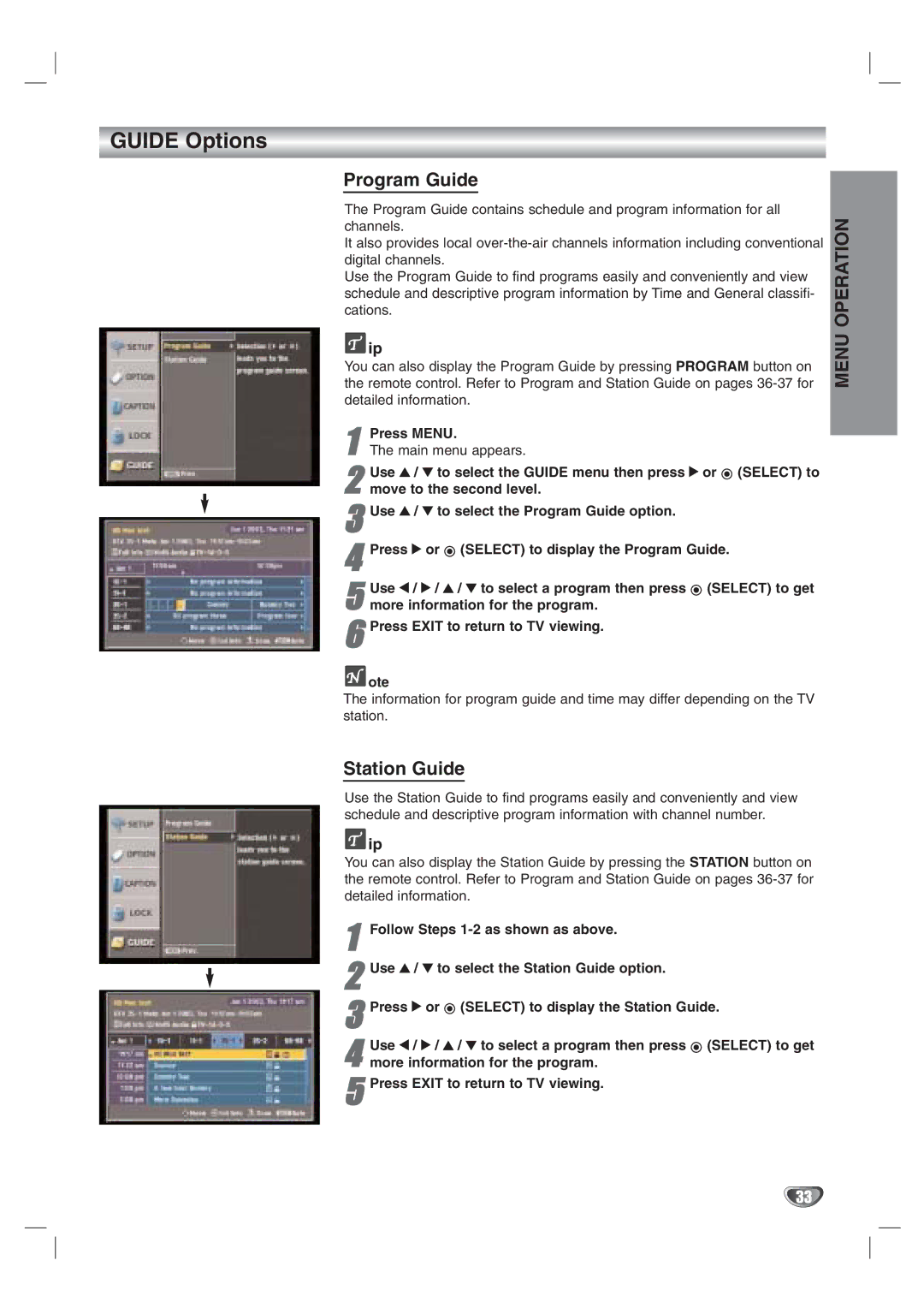 LG Electronics LST-3100A owner manual Guide Options, Program Guide, Station Guide 