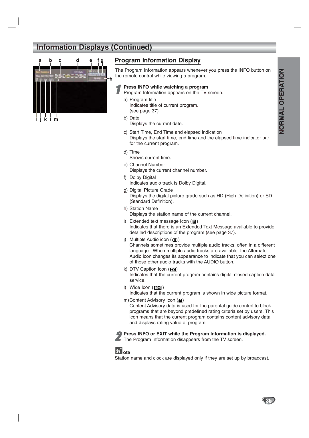 LG Electronics LST-3100A owner manual Program Information Display, F g, Normal Operation 