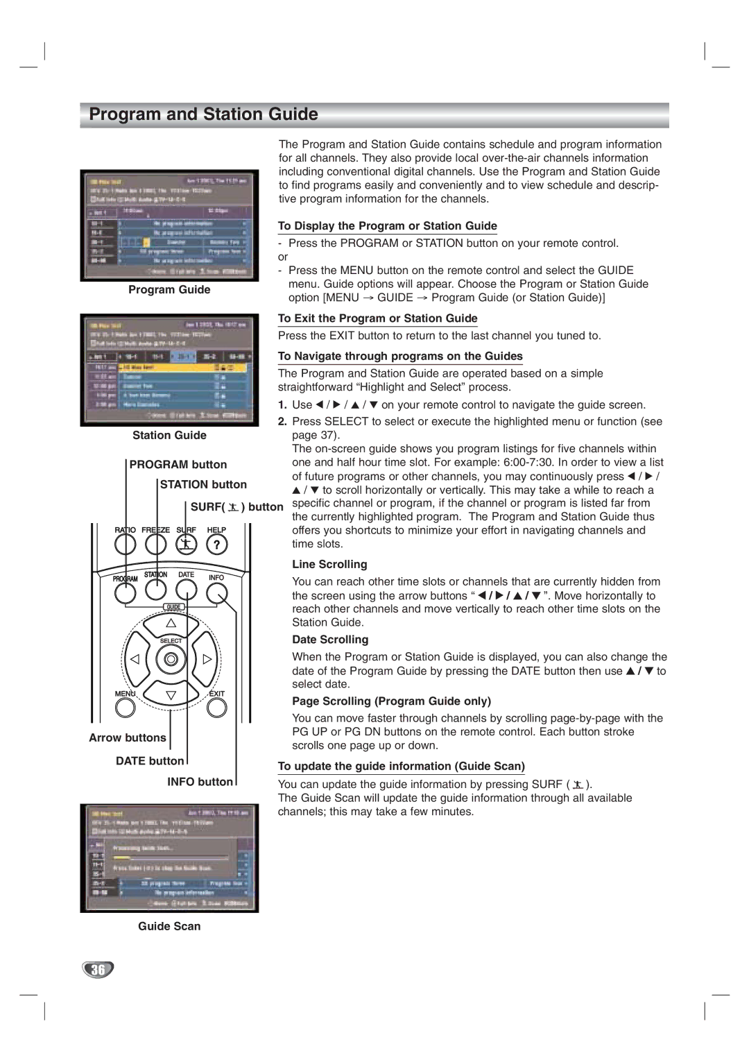 LG Electronics LST-3100A owner manual Program and Station Guide, Surf 