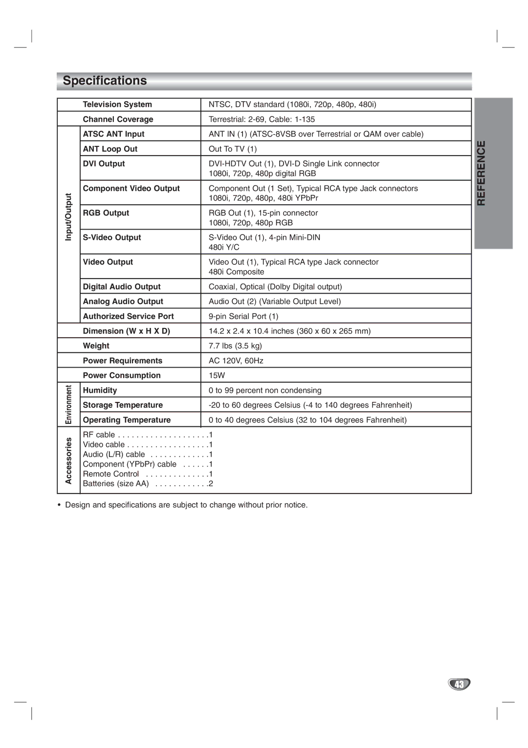 LG Electronics LST-3100A owner manual Specifications 