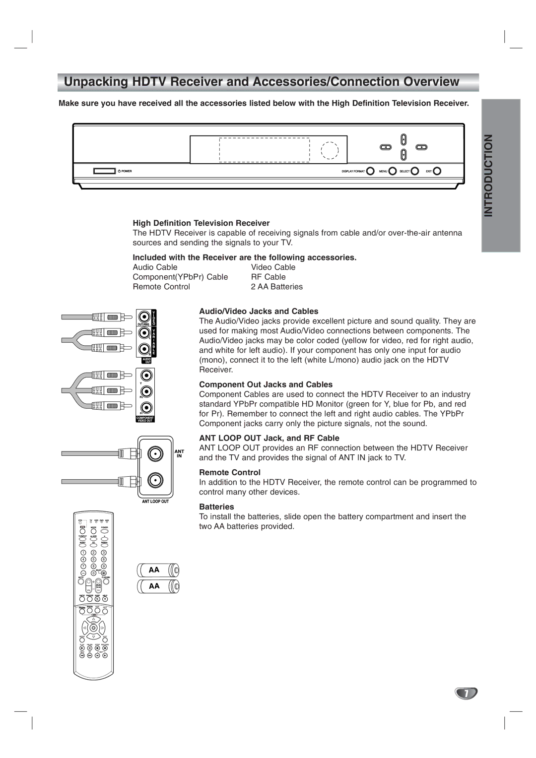 LG Electronics LST-3100A owner manual Unpacking Hdtv Receiver and Accessories/Connection Overview 