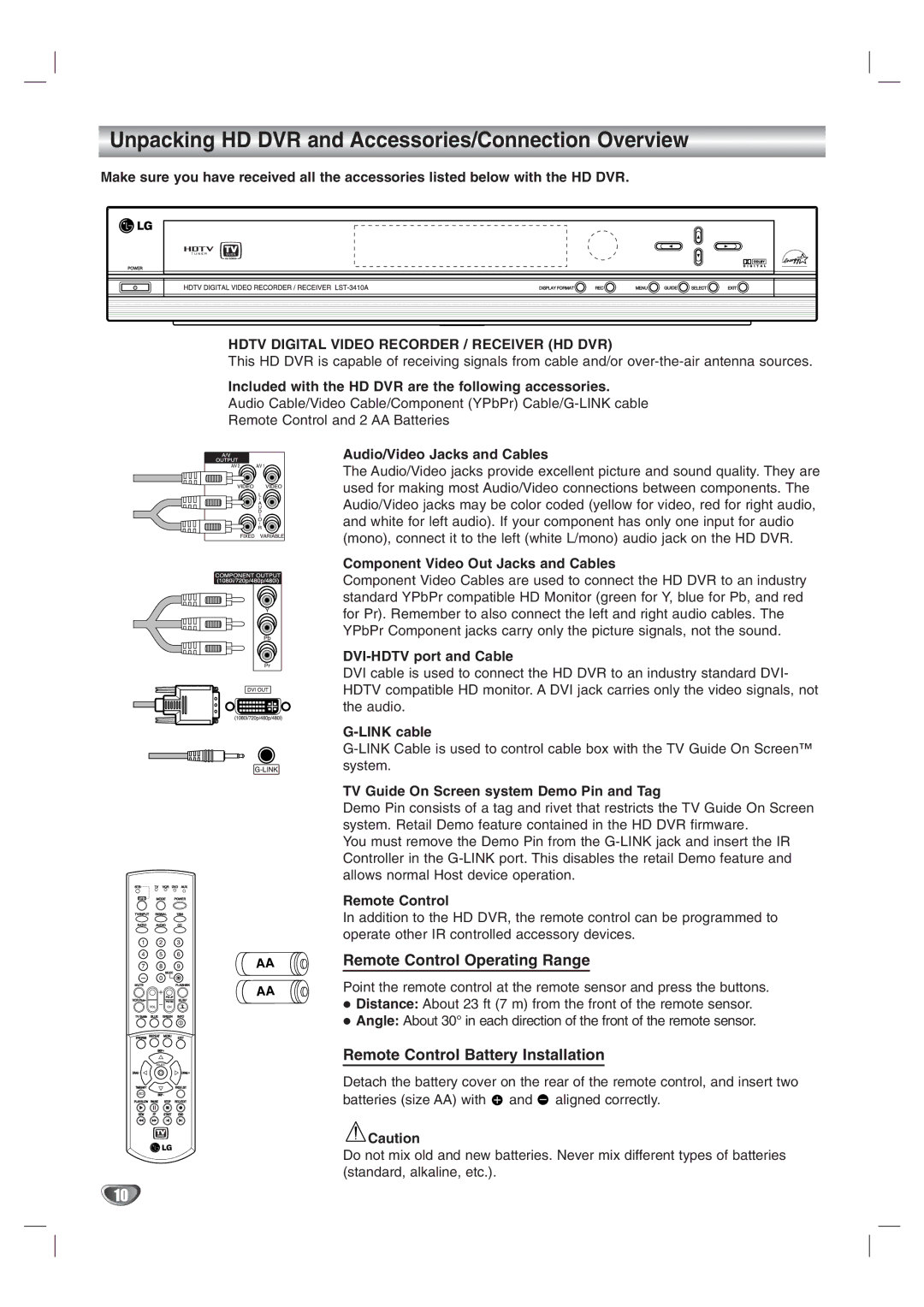 LG Electronics LST-3410A owner manual Unpacking HD DVR and Accessories/Connection Overview 