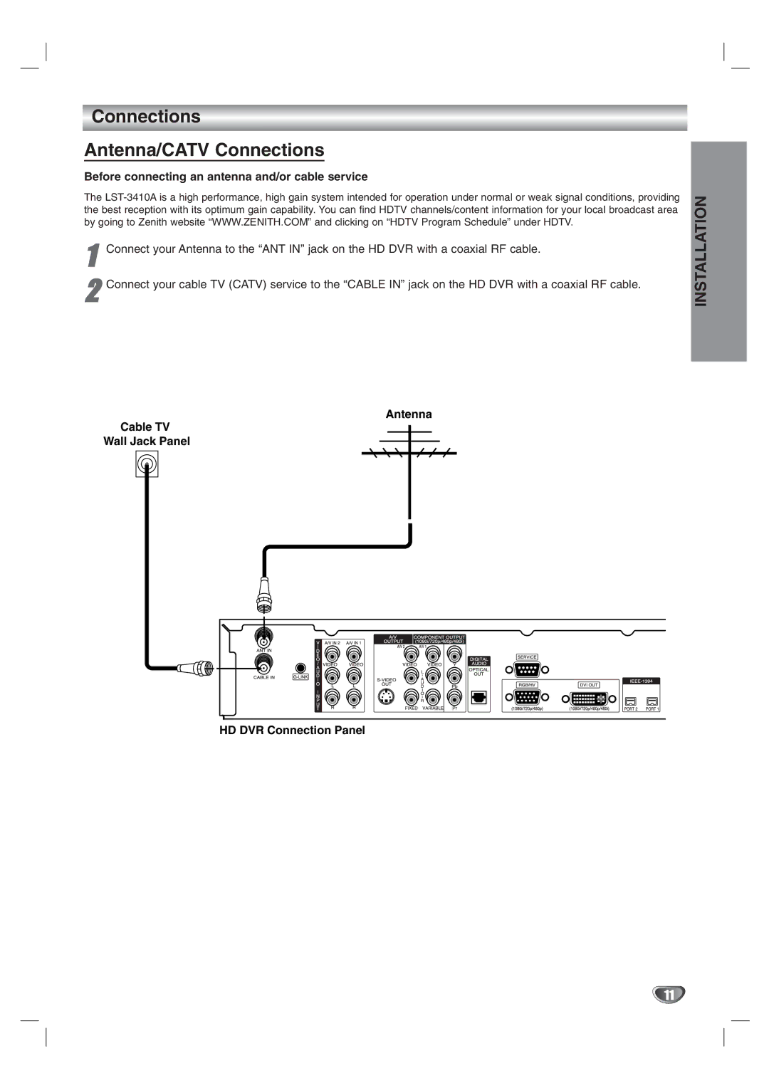 LG Electronics LST-3410A Connections Antenna/CATV Connections, Before connecting an antenna and/or cable service 