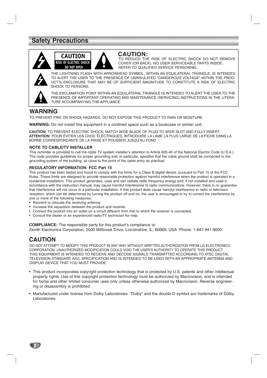 LG Electronics LST-3410A owner manual Safety Precautions, Regulatory Information FCC Part 