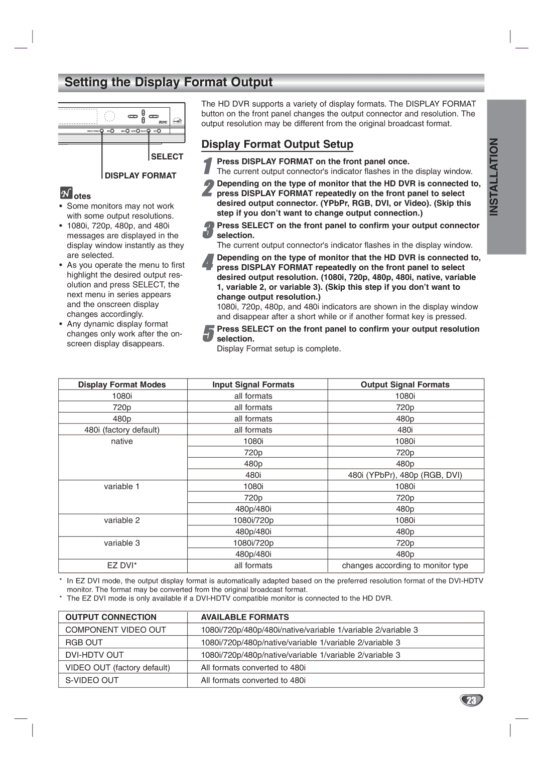 LG Electronics LST-3410A owner manual Setting the Display Format Output, Display Format Output Setup 