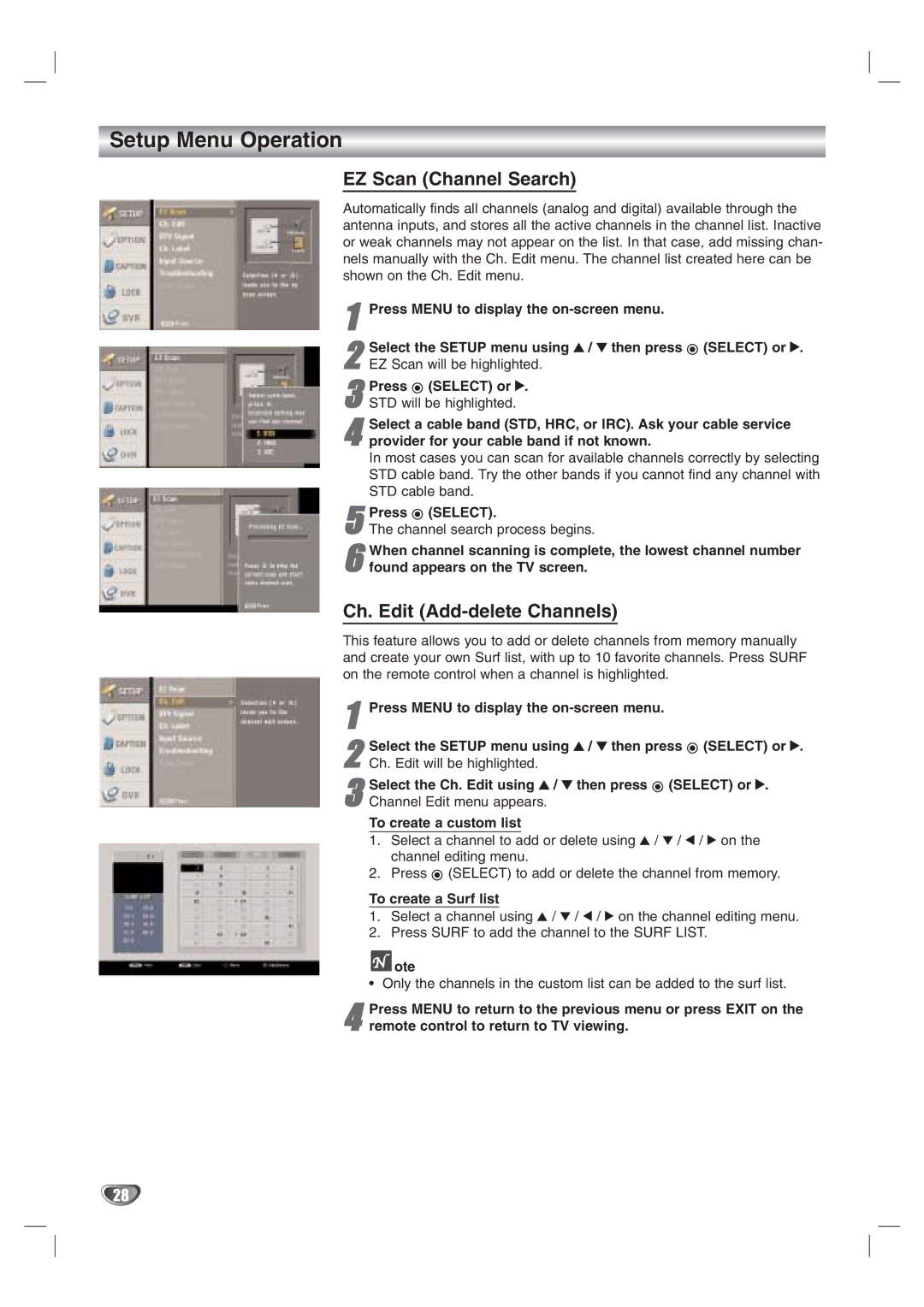 LG Electronics LST-3410A owner manual Setup Menu Operation, EZ Scan Channel Search, Ch. Edit Add-delete Channels 