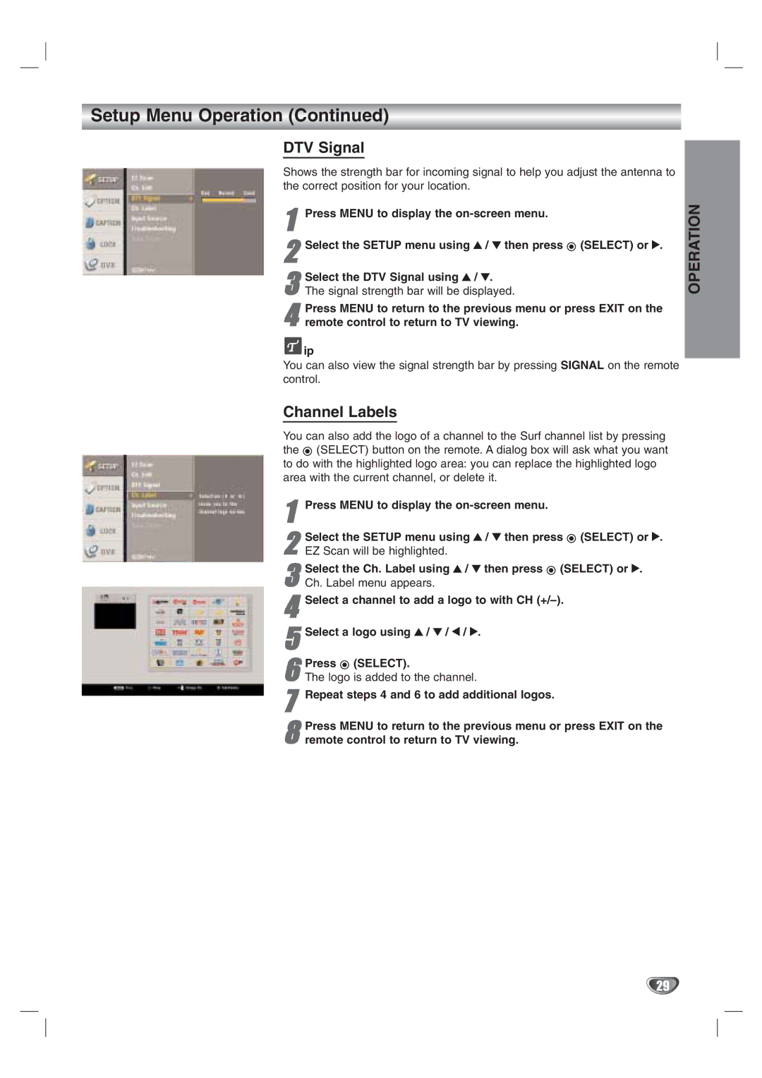 LG Electronics LST-3410A owner manual DTV Signal, Channel Labels, Then press Select or 