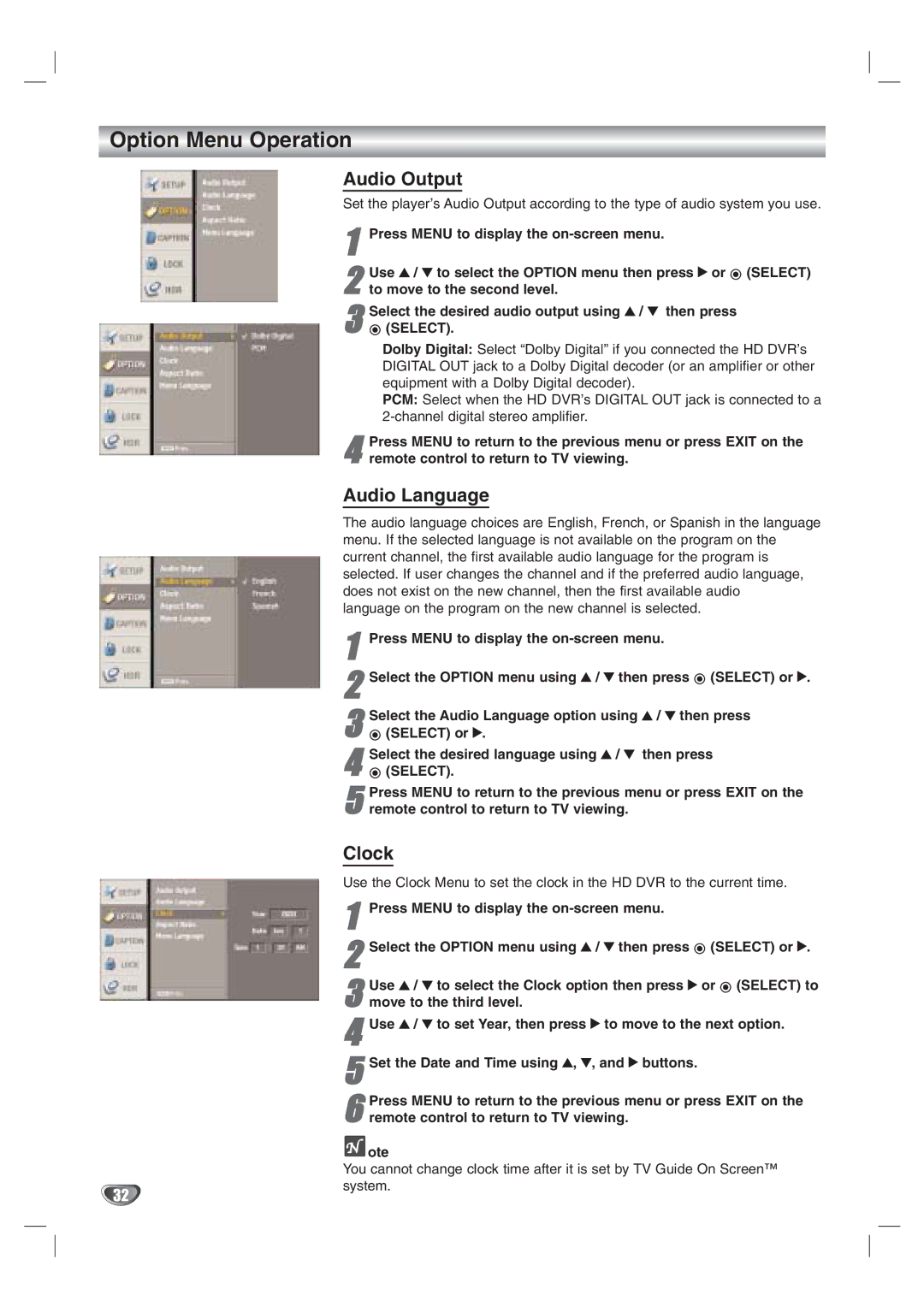 LG Electronics LST-3410A owner manual Option Menu Operation, Audio Output, Audio Language, Clock 