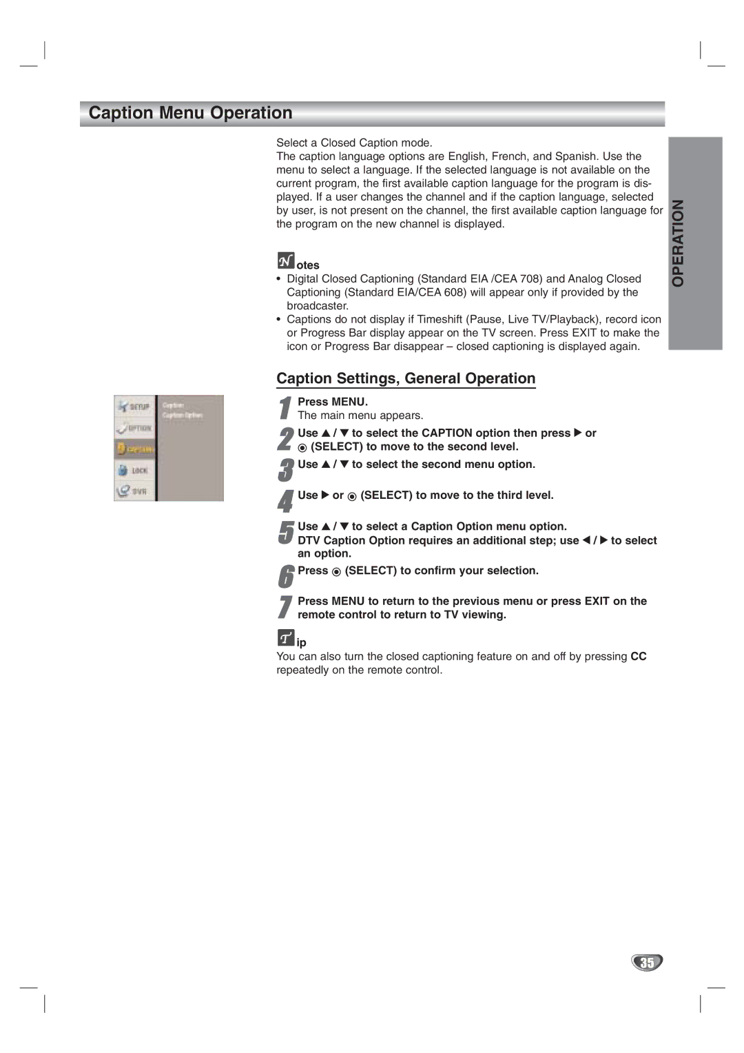 LG Electronics LST-3410A owner manual Caption Menu Operation, Caption Settings, General Operation, Press Menu 