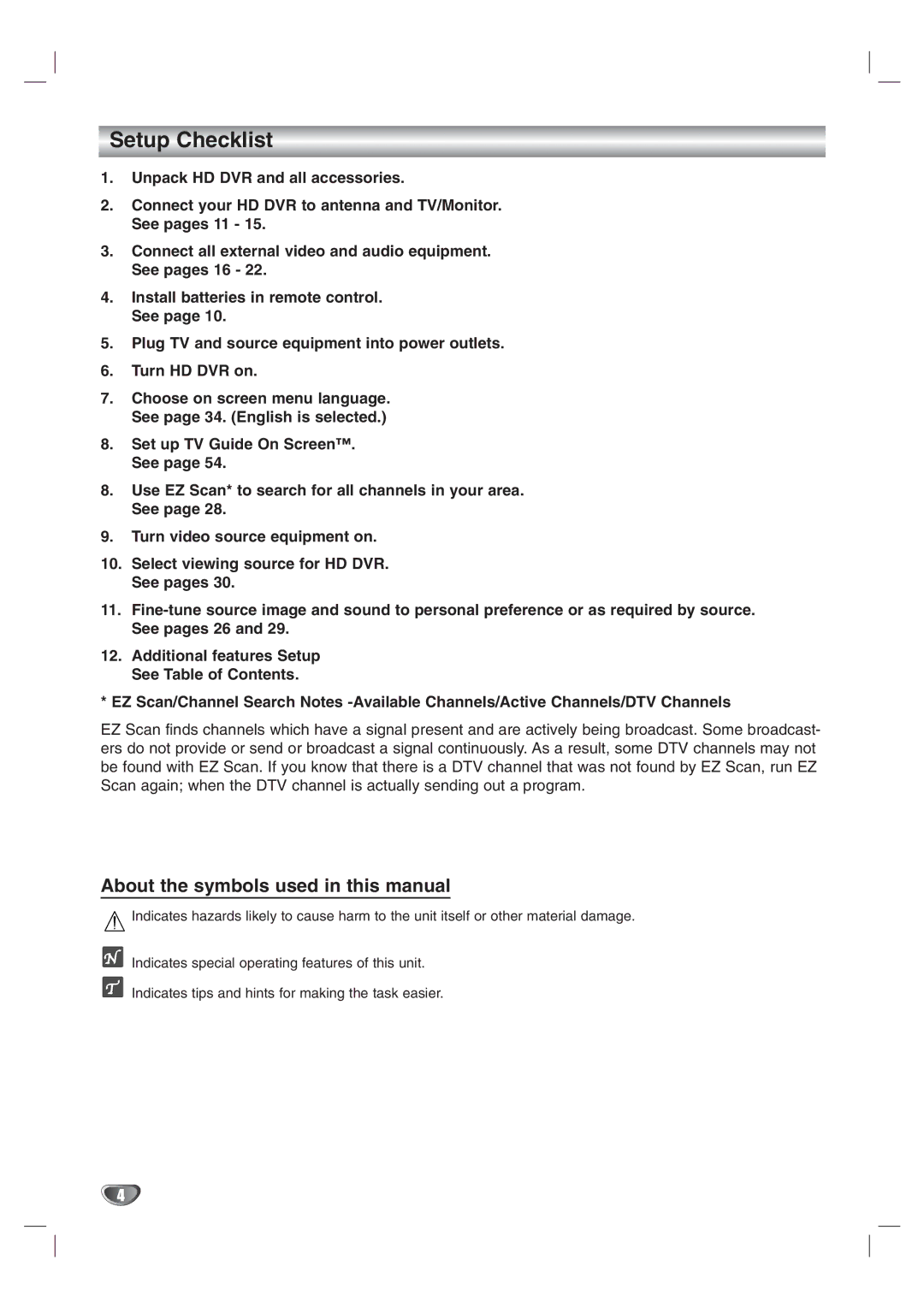 LG Electronics LST-3410A owner manual Setup Checklist, About the symbols used in this manual 