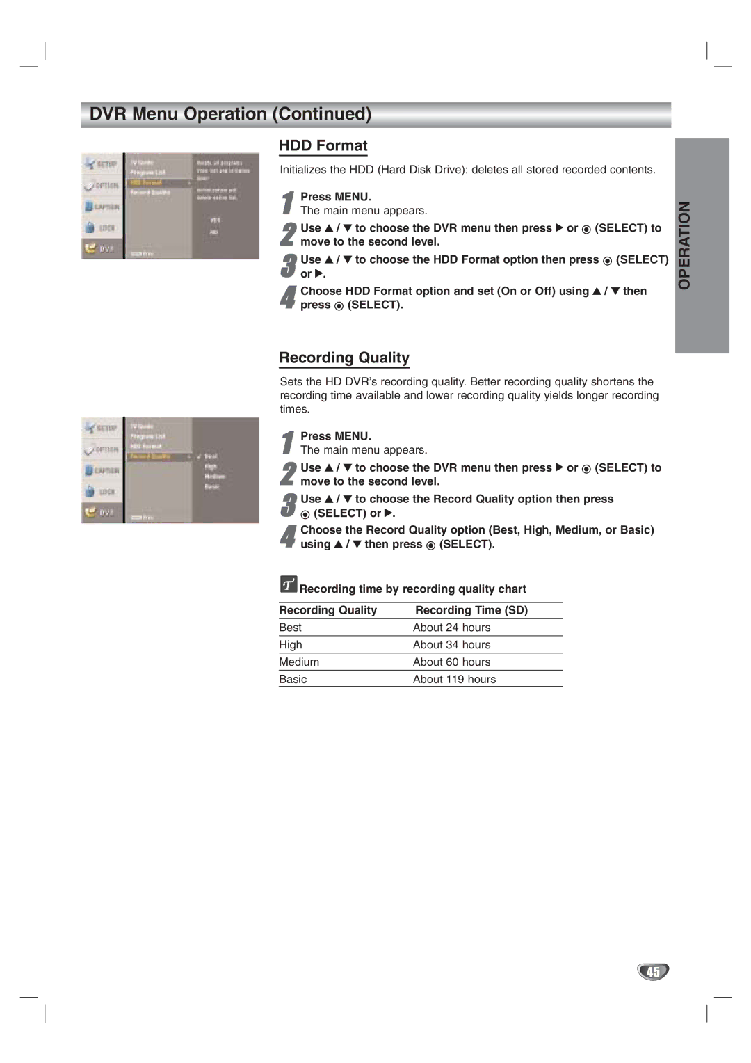 LG Electronics LST-3410A HDD Format, Recording Quality, Main menu appears, Recording time by recording quality chart 