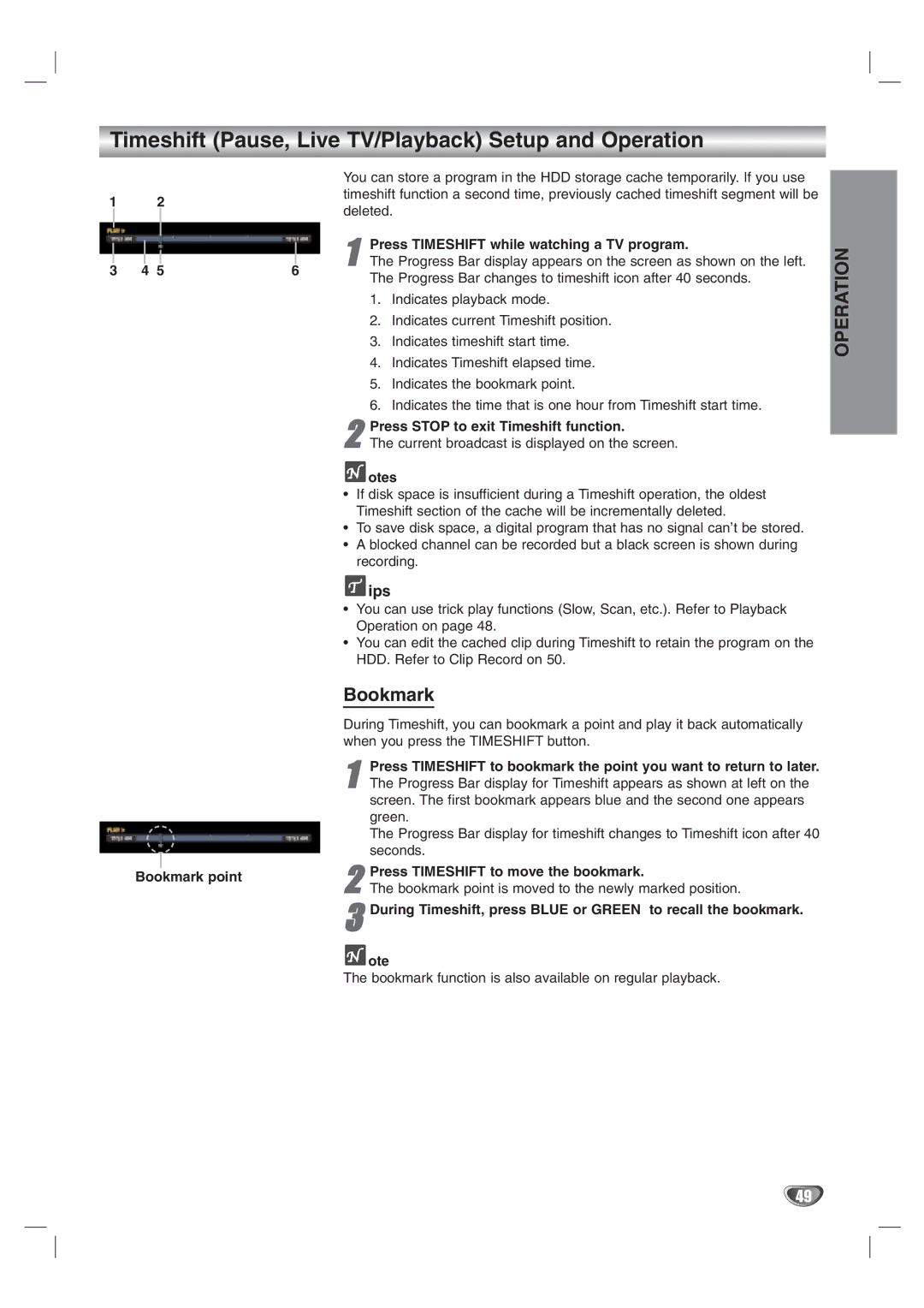 LG Electronics LST-3410A owner manual Timeshift Pause, Live TV/Playback Setup and Operation, Bookmark 