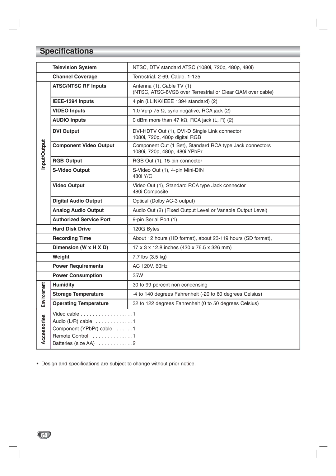 LG Electronics LST-3410A owner manual Specifications 