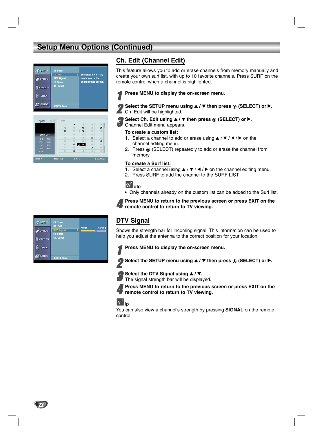 LG Electronics LST-3510A owner manual Ch. Edit Channel Edit, DTV Signal, To create a custom list, To create a Surf list 