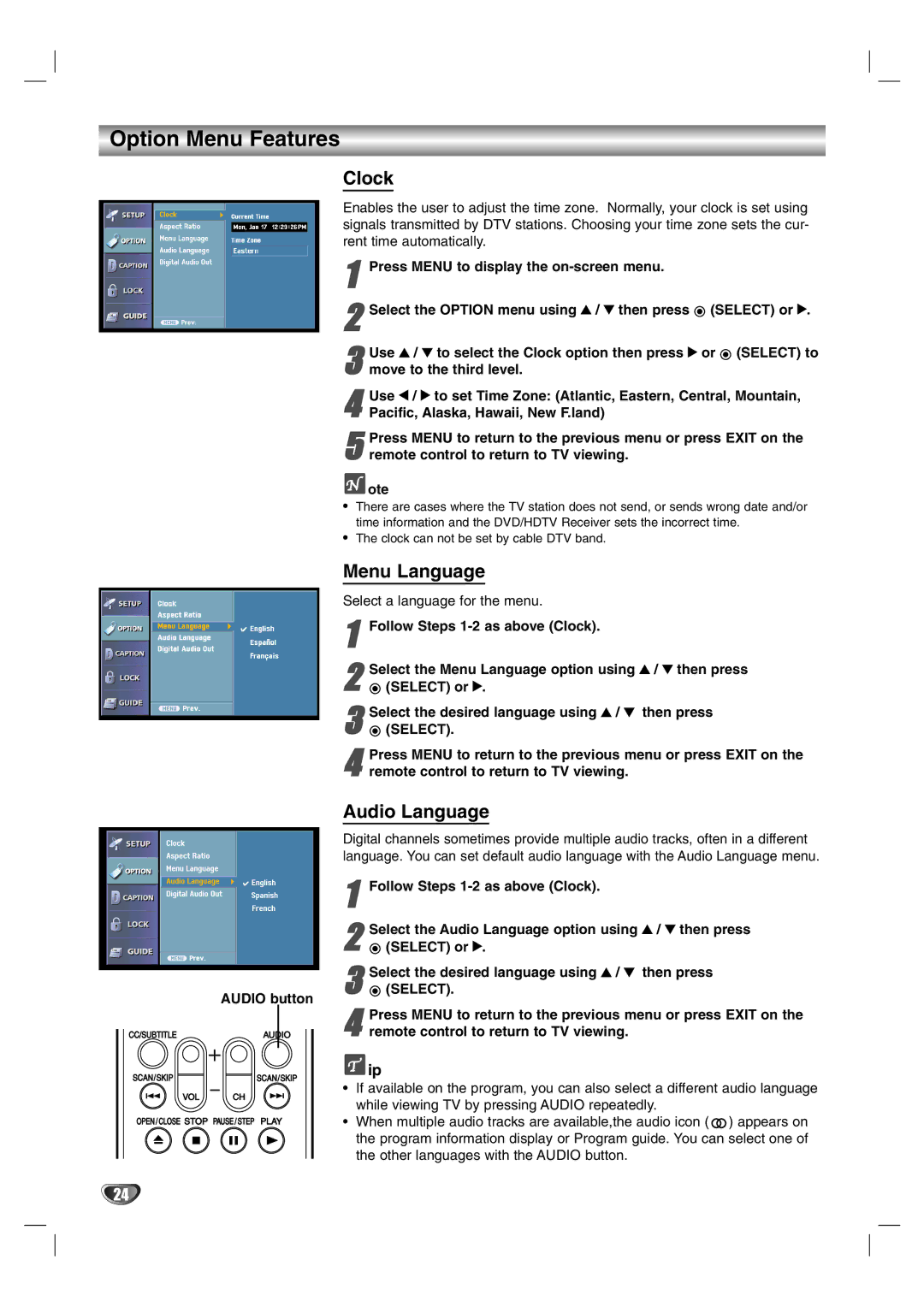 LG Electronics LST-3510A owner manual Option Menu Features, Clock, Menu Language, Audio Language 