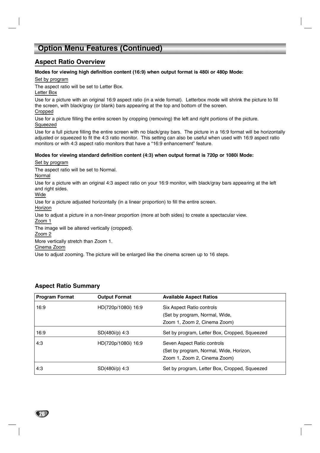 LG Electronics LST-3510A owner manual Aspect Ratio Overview, Program Format Output Format Available Aspect Ratios 