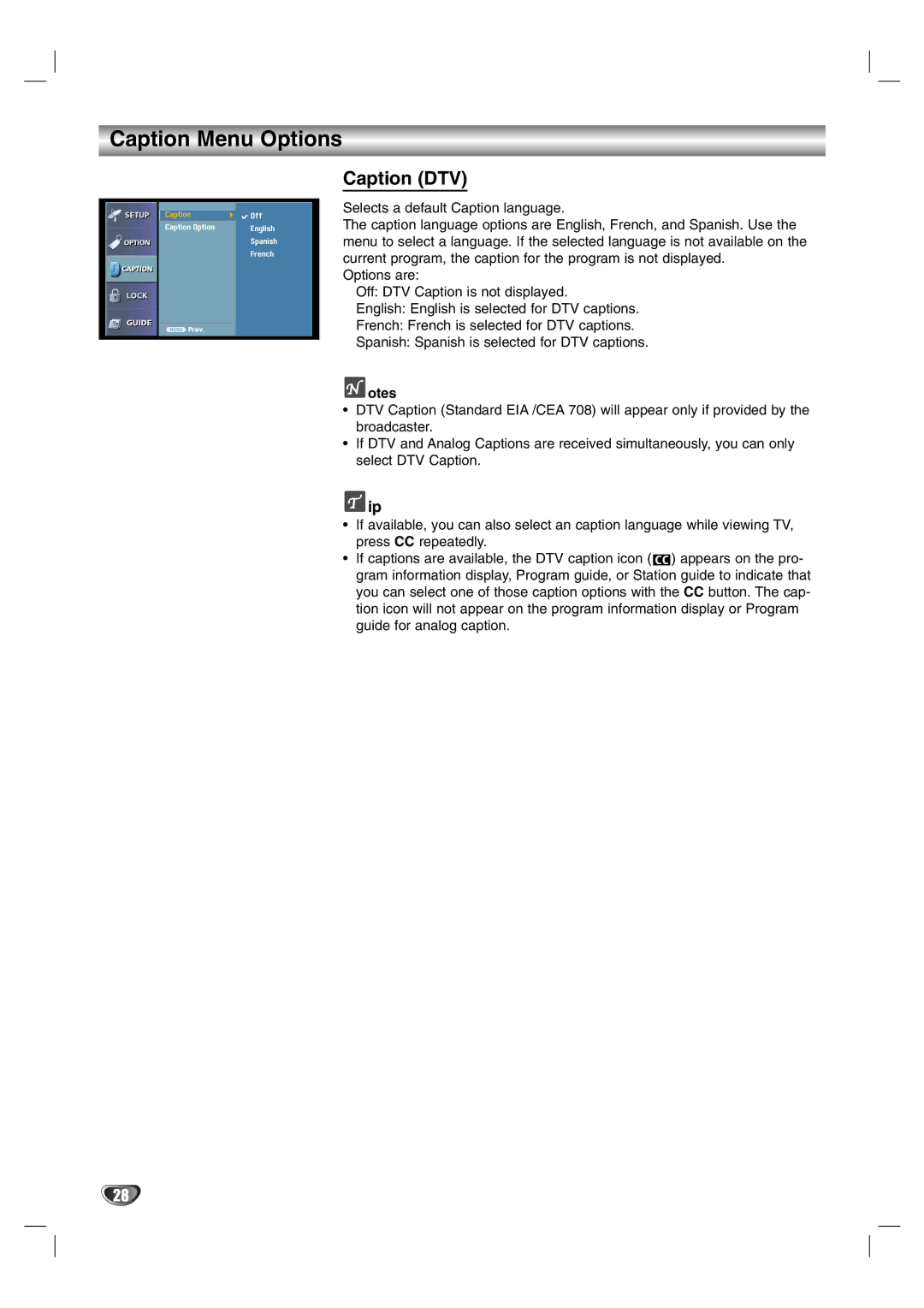 LG Electronics LST-3510A owner manual Caption Menu Options, Caption DTV 