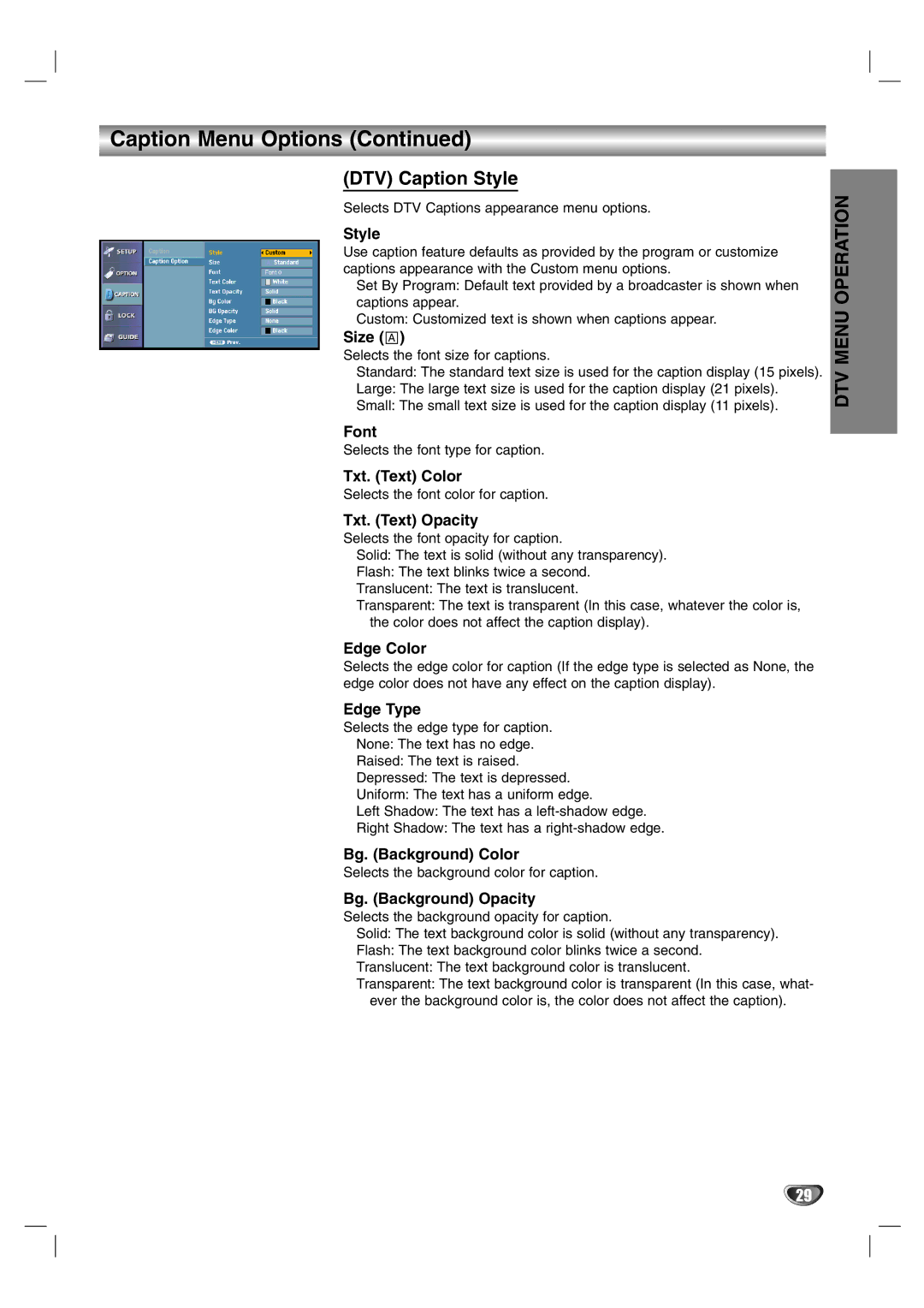 LG Electronics LST-3510A owner manual DTV Caption Style 