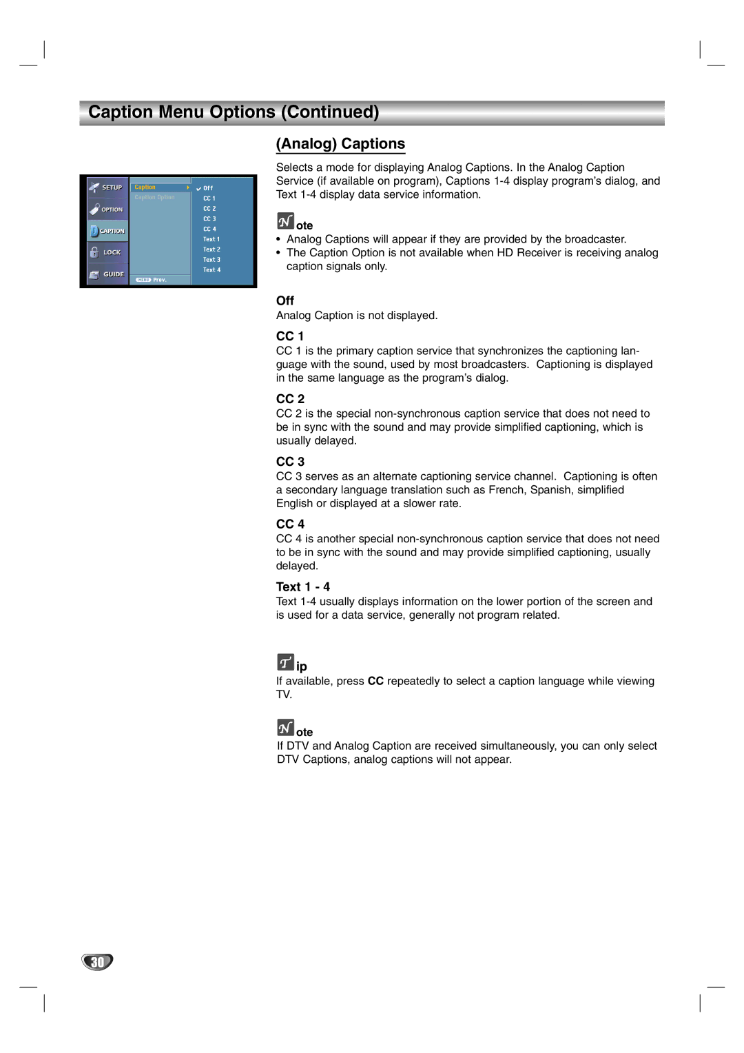 LG Electronics LST-3510A owner manual Analog Captions, Off, Text 1 