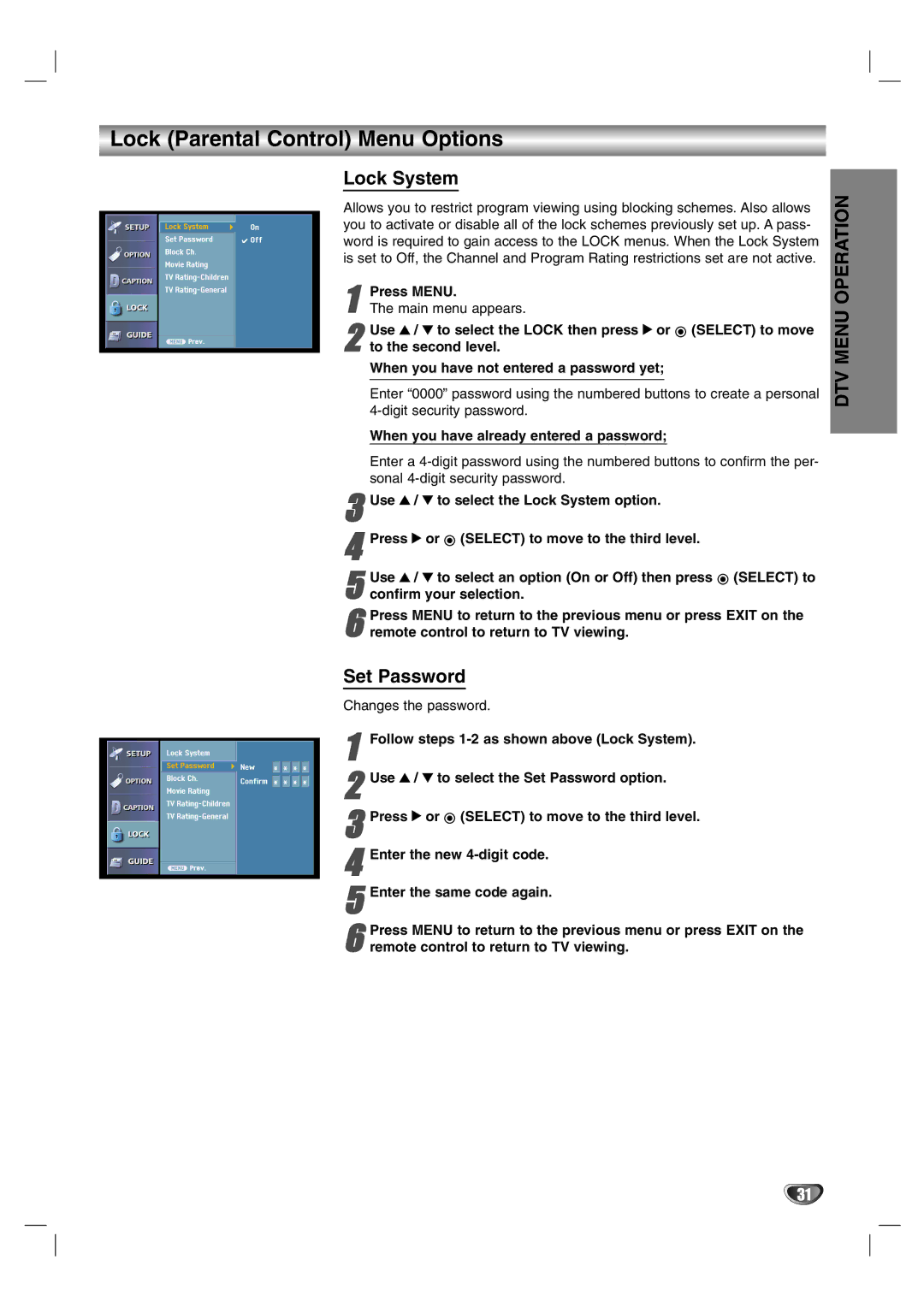 LG Electronics LST-3510A owner manual Lock Parental Control Menu Options, Lock System, Set Password 