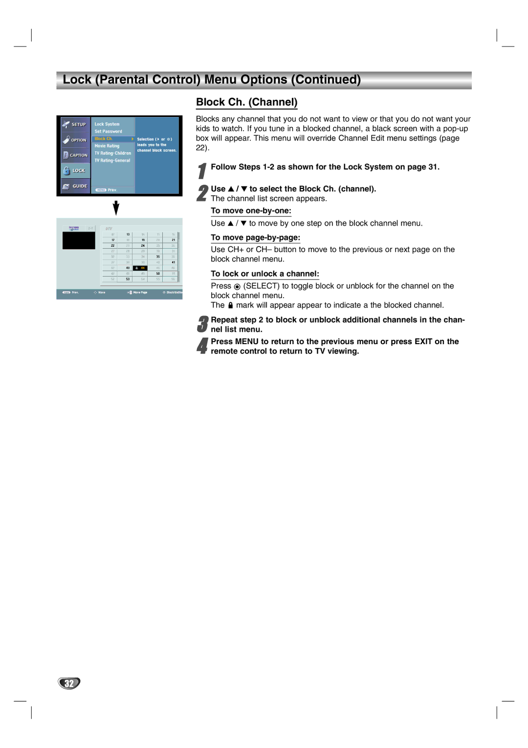 LG Electronics LST-3510A Block Ch. Channel, Follow Steps 1-2 as shown for the Lock System on, To move one-by-one 