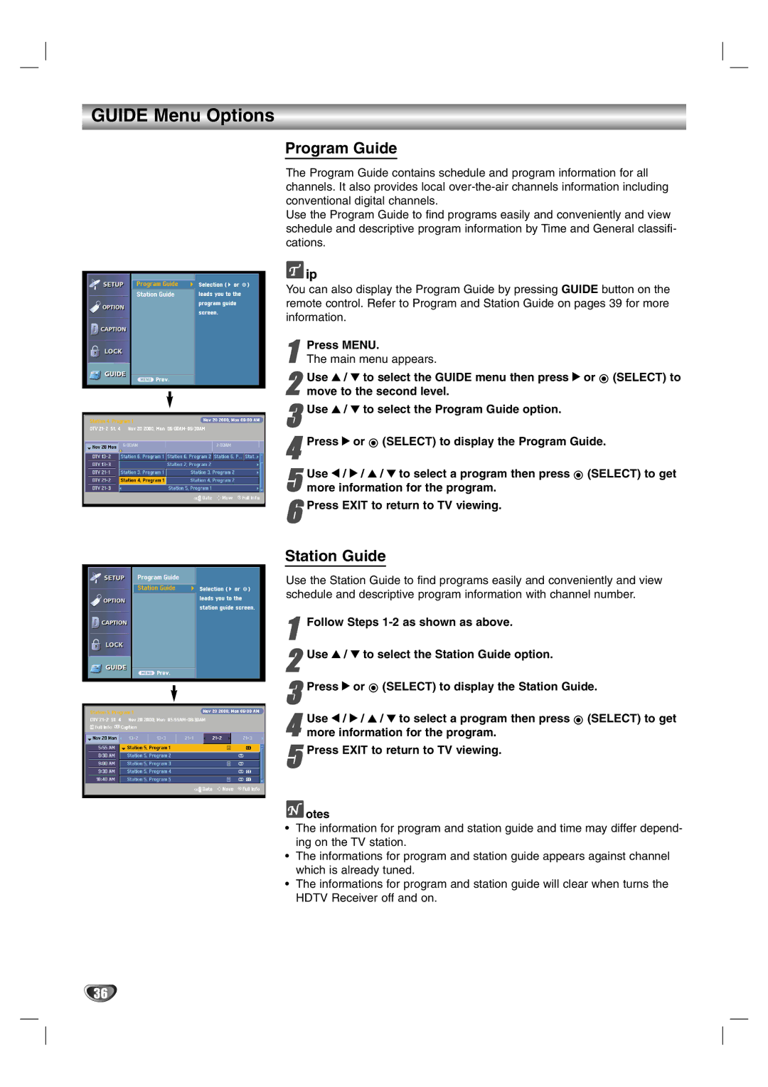 LG Electronics LST-3510A owner manual Guide Menu Options, Program Guide, Station Guide 