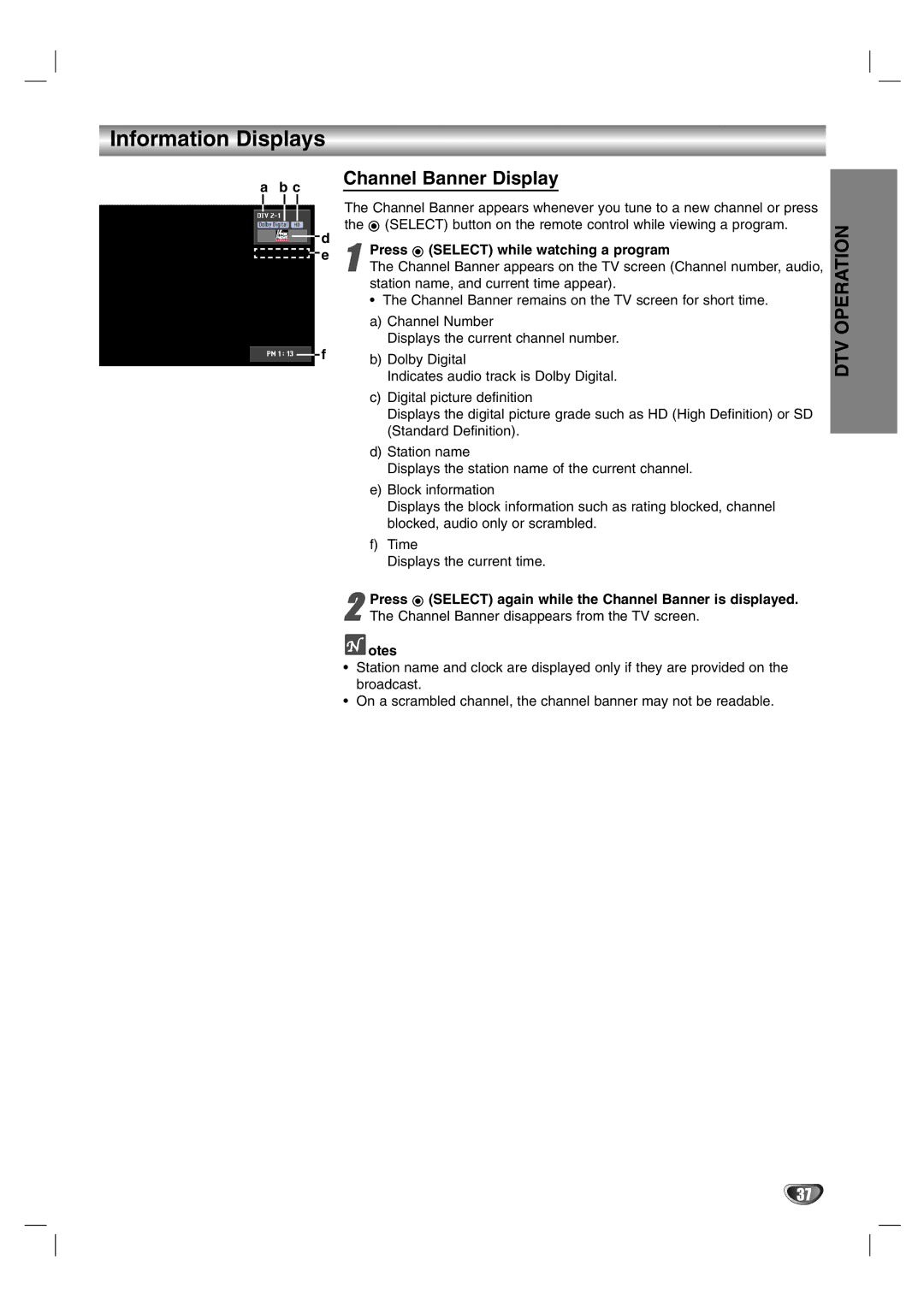 LG Electronics LST-3510A owner manual Information Displays, Channel Banner Display 