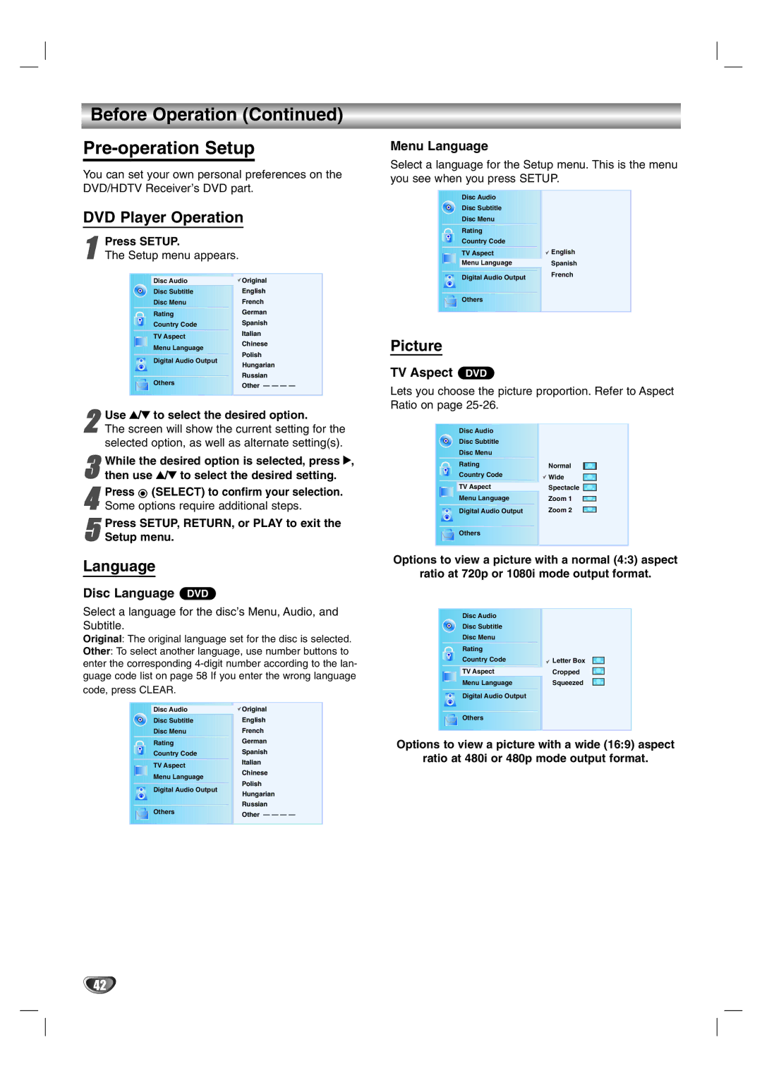 LG Electronics LST-3510A owner manual Before Operation Pre-operation Setup, DVD Player Operation, Picture, Language 