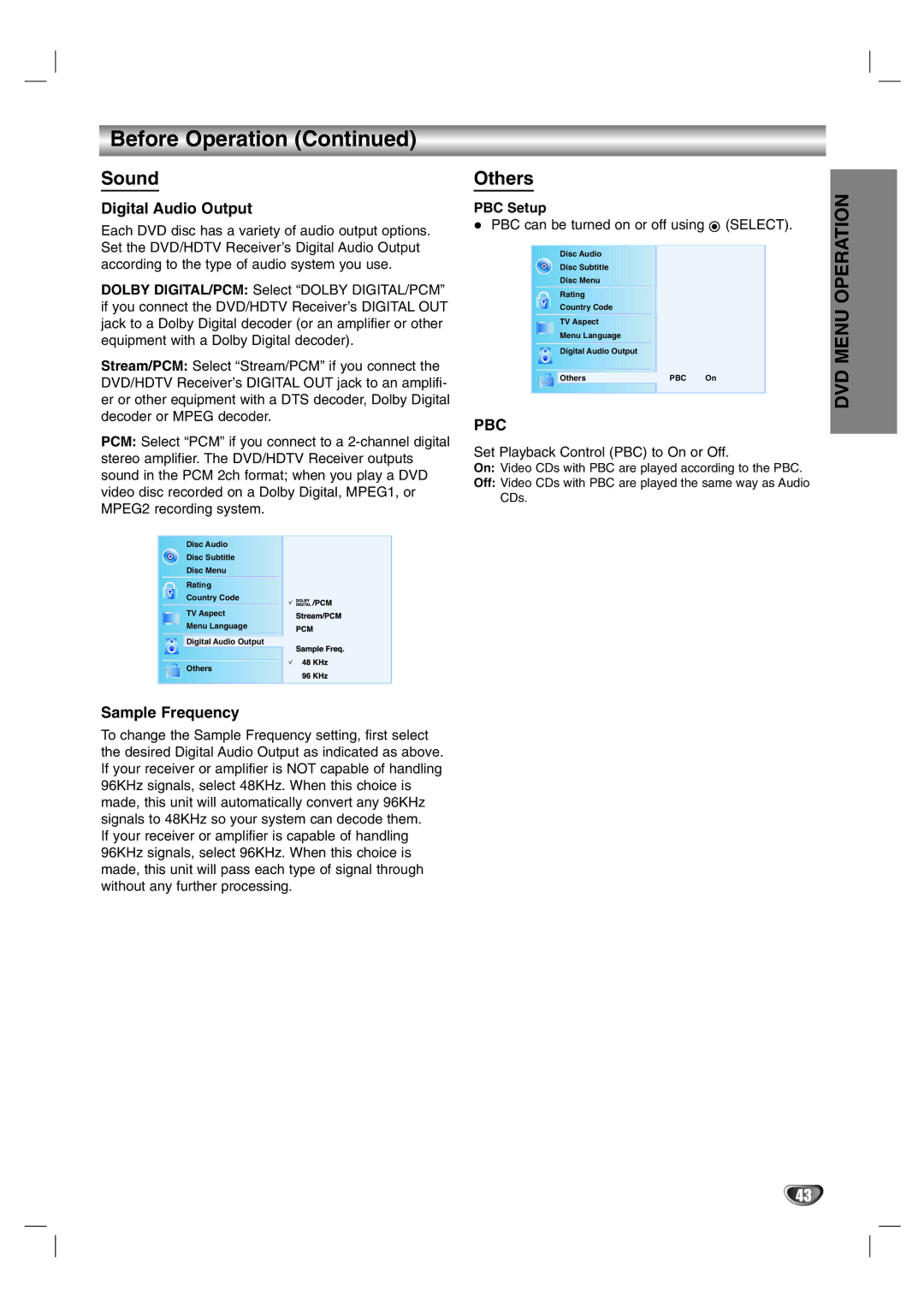 LG Electronics LST-3510A owner manual Before Operation, Sound, Others, Digital Audio Output, Sample Frequency 