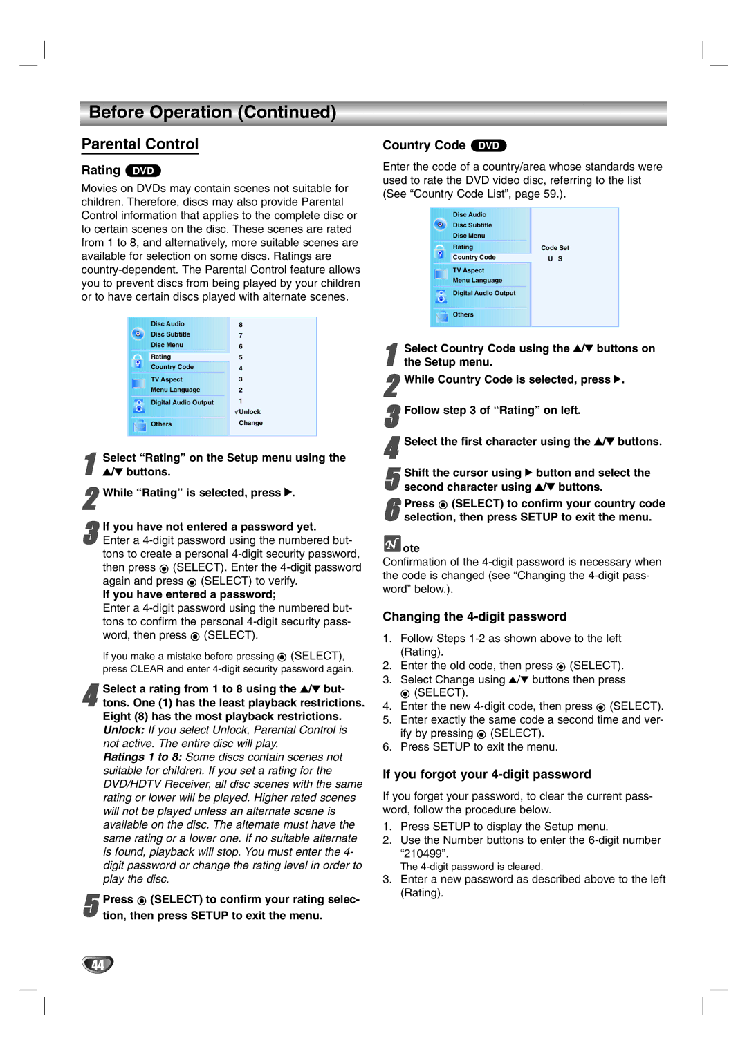 LG Electronics LST-3510A owner manual Parental Control, Rating DVD, Country Code DVD, Changing the 4-digit password 