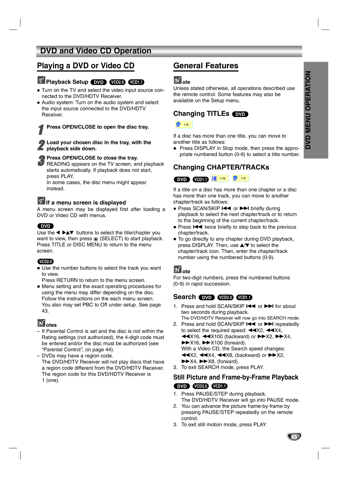 LG Electronics LST-3510A DVD and Video CD Operation Playing a DVD or Video CD, General Features, Changing TITLEs DVD 