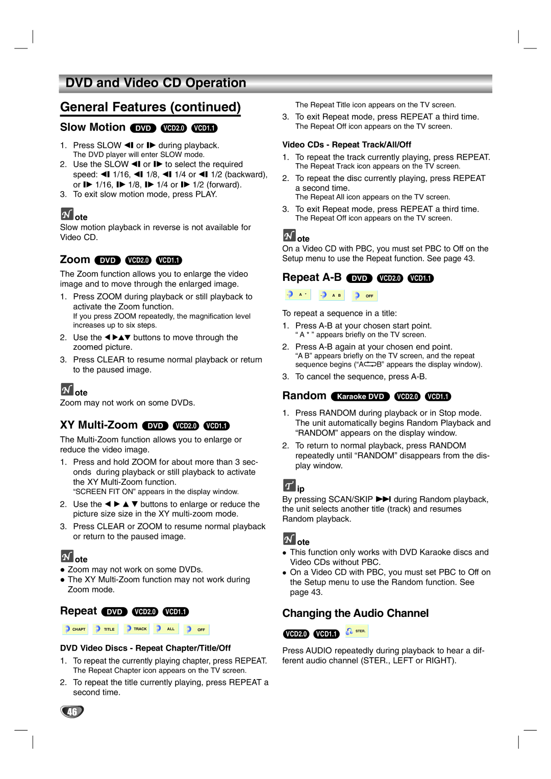 LG Electronics LST-3510A owner manual DVD and Video CD Operation General Features, Changing the Audio Channel 