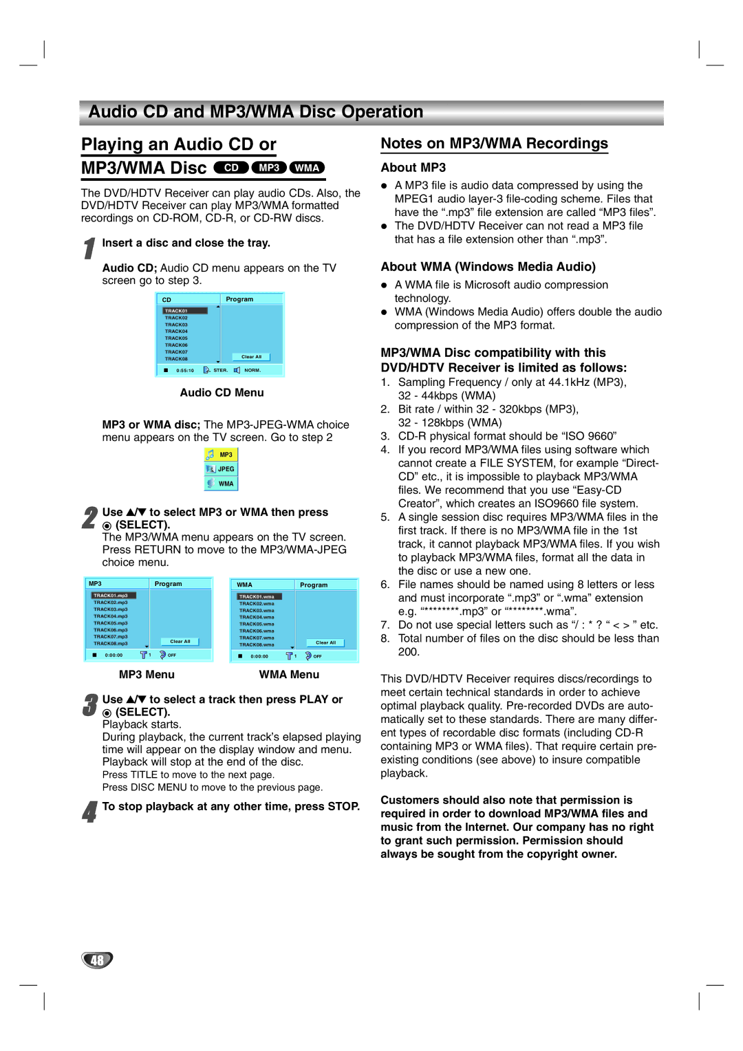 LG Electronics LST-3510A About MP3, About WMA Windows Media Audio, Insert a disc and close the tray, Audio CD Menu 