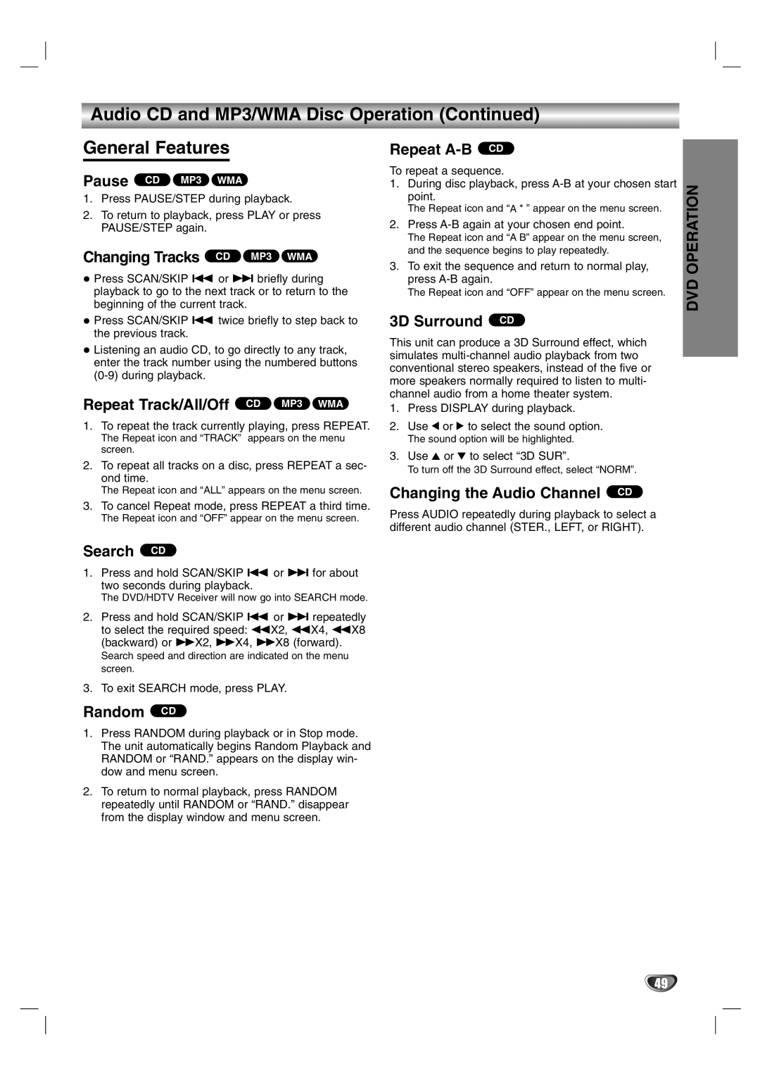 LG Electronics LST-3510A owner manual Audio CD and MP3/WMA Disc Operation General Features 