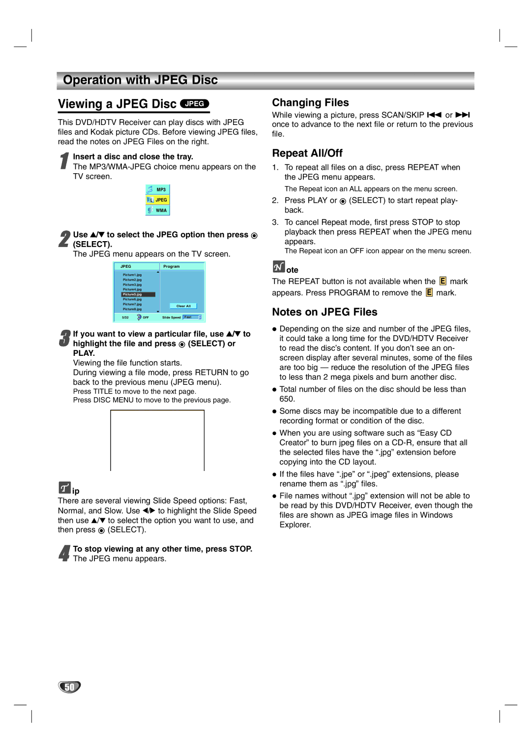 LG Electronics LST-3510A owner manual Operation with Jpeg Disc Viewing a Jpeg Disc Jpeg, Changing Files, Repeat All/Off 