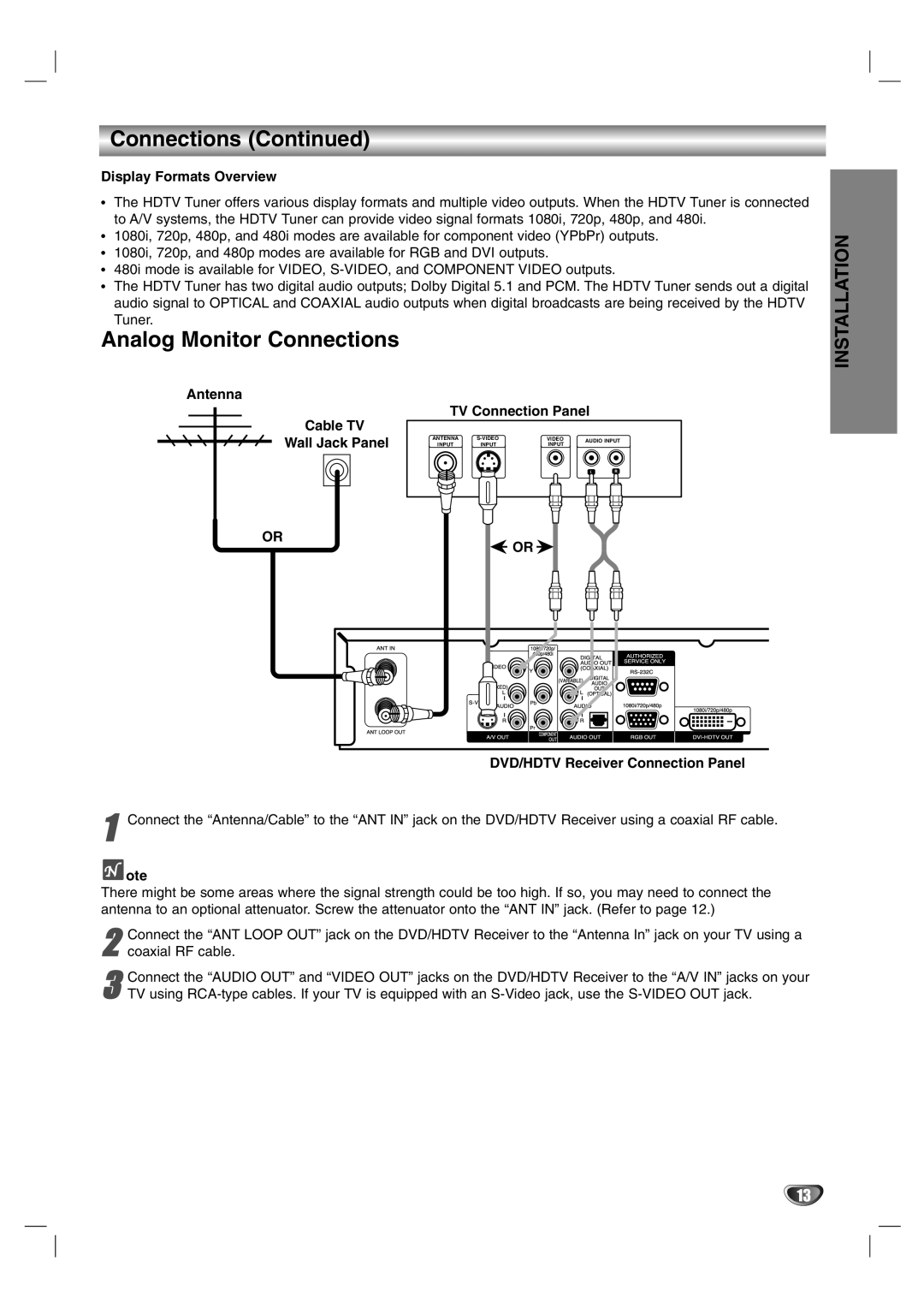 LG Electronics LST-3510A owner manual Connections Continued, Analog Monitor Connections, Installation, Video 