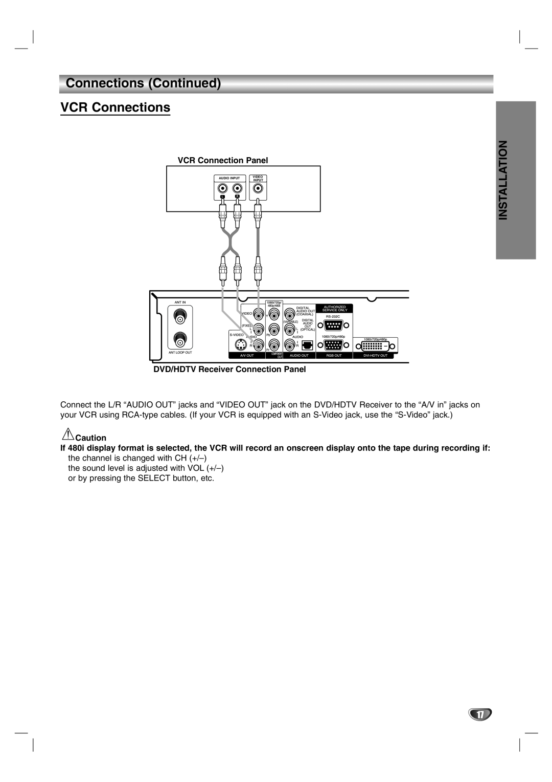 LG Electronics LST-3510A owner manual Connections Continued VCR Connections, Installation, Audio Input, Video 